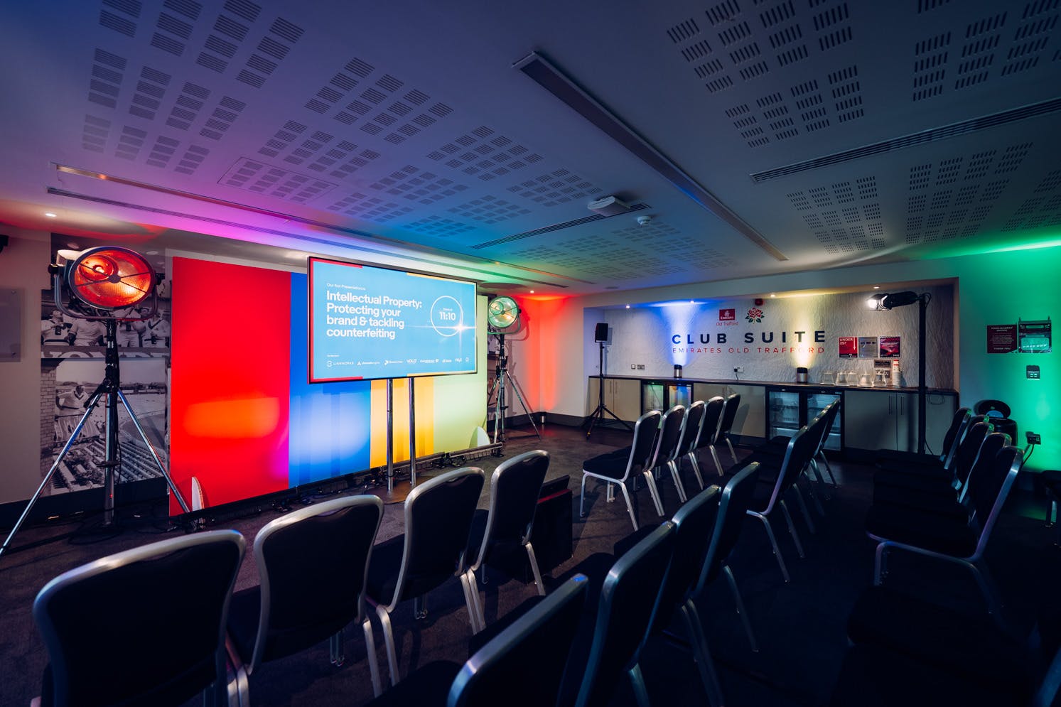 Modern event space in The Club Suite, Emirates Old Trafford, ideal for conferences and workshops.