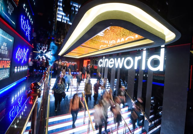 Cineworld Leicester Square Superscreen entrance, vibrant atmosphere for events and screenings.