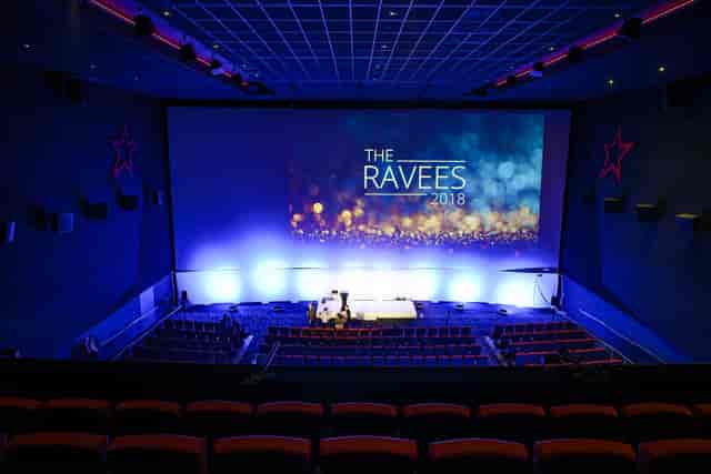 Superscreen event space at Cineworld O2 Greenwich for The Ravees 2018, featuring vibrant backdrop.