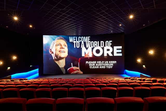 Large cinema screen in Cineworld Birmingham, perfect for film screenings and events.