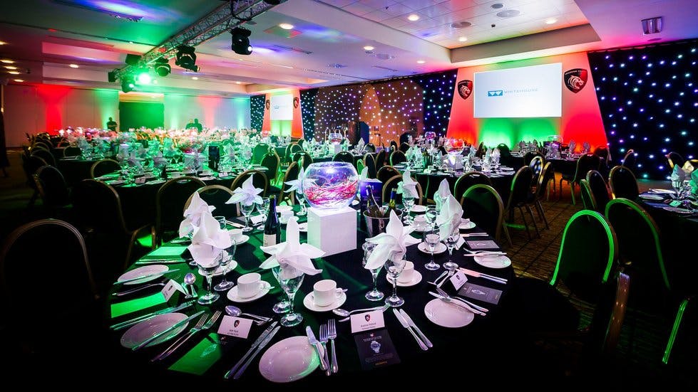 Elegant banquet hall in Leicester Tigers Stadium, perfect for gala dinners and award ceremonies.