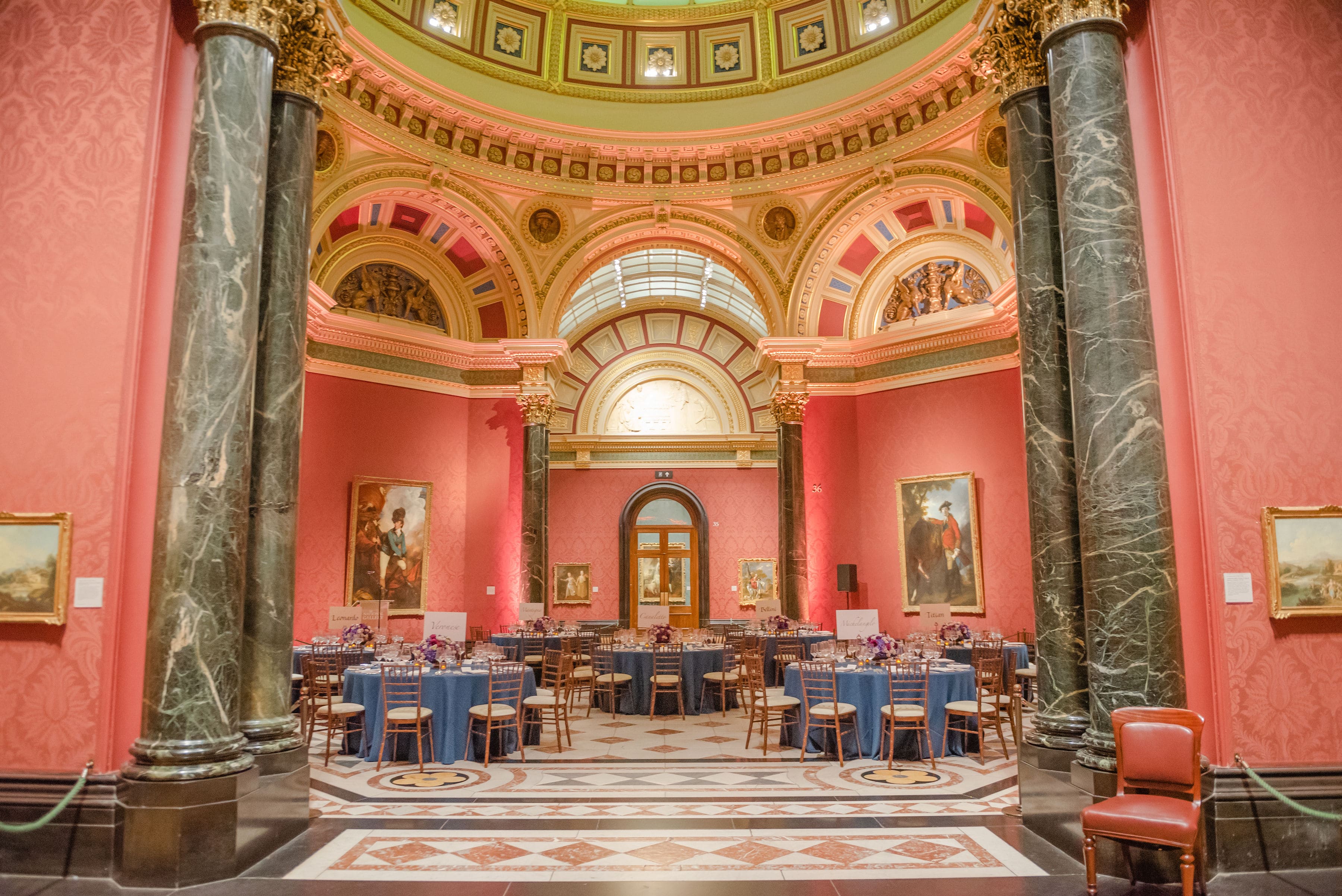 Elegant event space in Barry Rooms, National Gallery, ideal for receptions and banquets.
