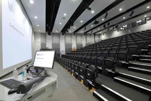 Modern conference auditorium at Weston Hall, Ealing Campus for corporate events and seminars.