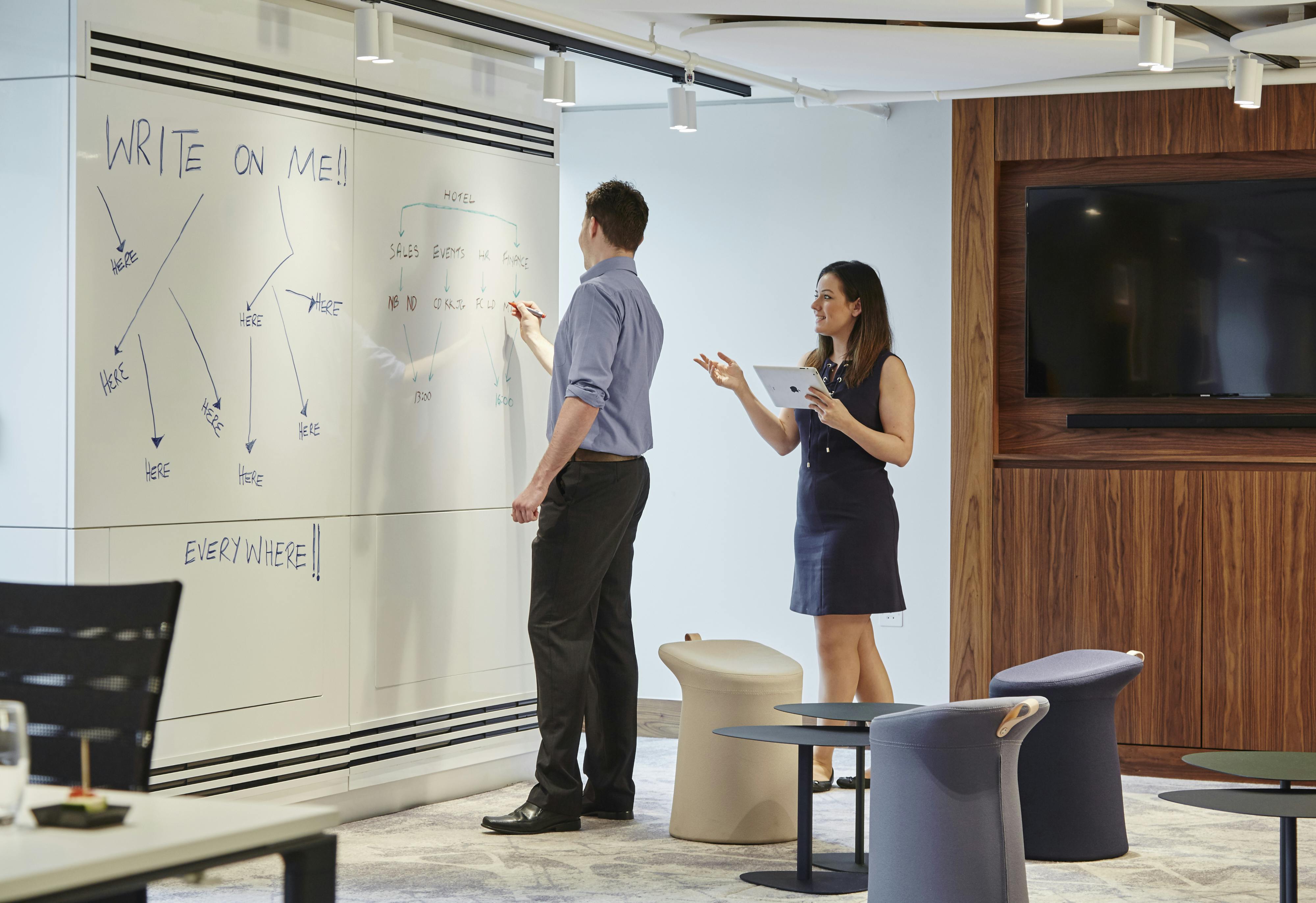 Collaborative meeting space at London Heathrow Marriott with writable wall for brainstorming.