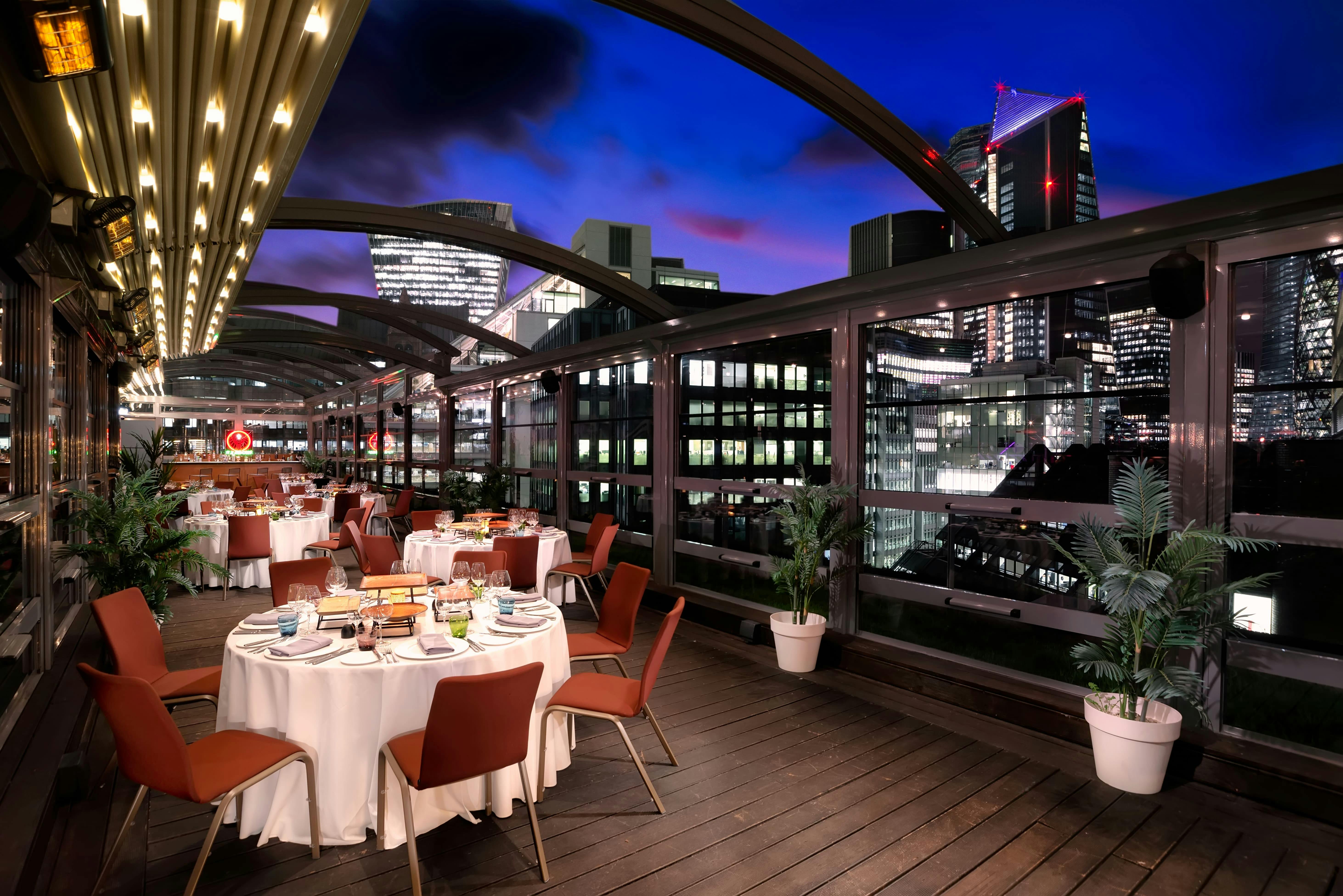 Rooftop venue Wildside at DoubleTree London, ideal for upscale events with city skyline views.