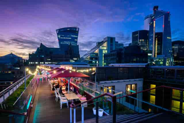 Vibrant rooftop event space at DoubleTree by Hilton, ideal for networking and receptions.