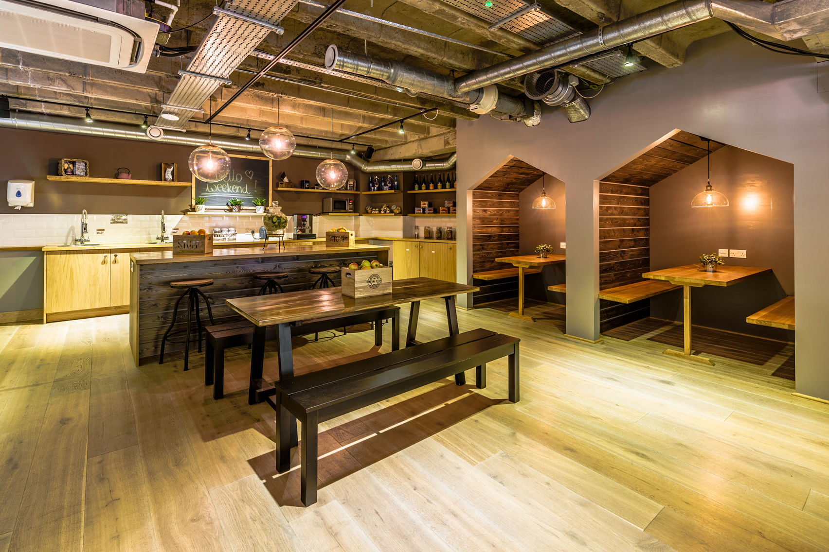 Modern venue with warm lighting, perfect for small meetings and team-building events.