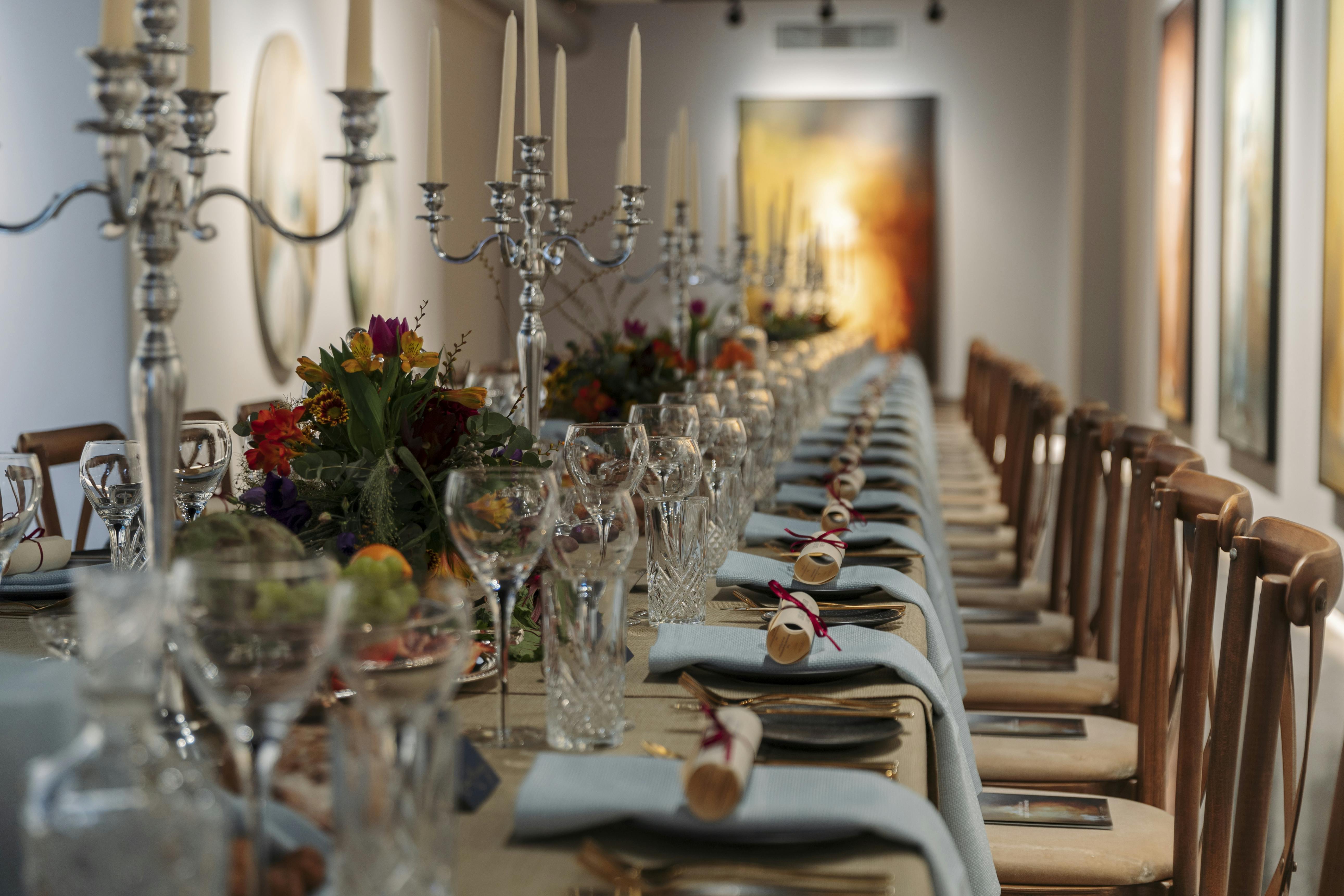 Elegant dining table setup in Lower Gallery, 3 Hanover Square for upscale events.