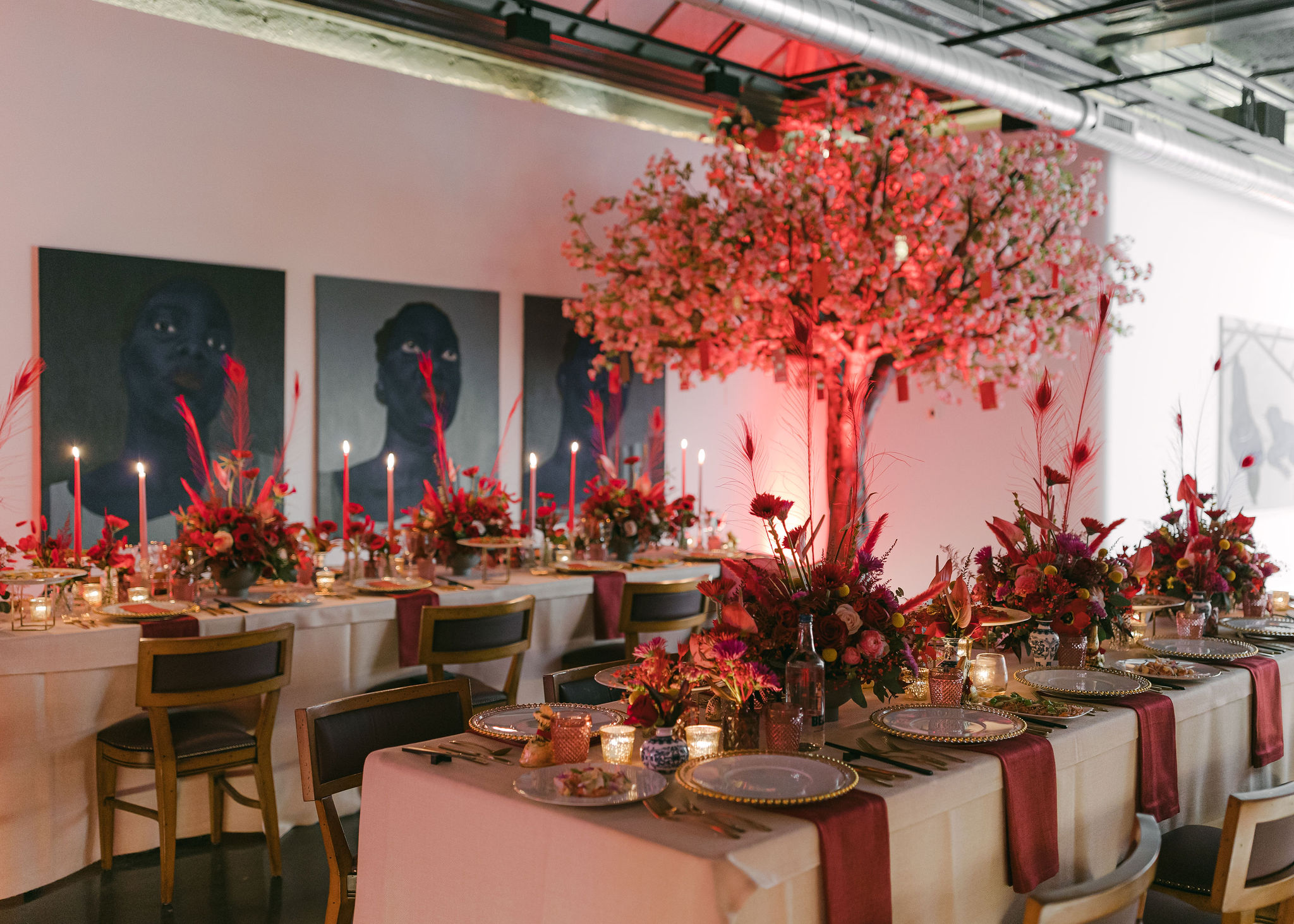 Elegant event space at 3 Hanover Square with cherry blossom decor for upscale gatherings. - Banner