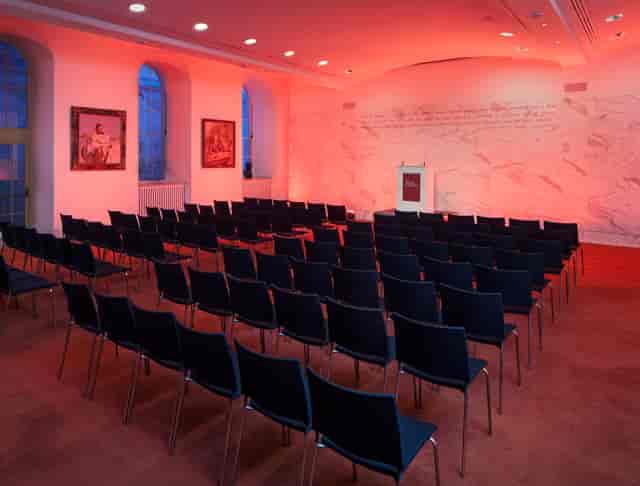 Dining Room at The Royal Society, featuring rows of chairs for presentations and workshops.