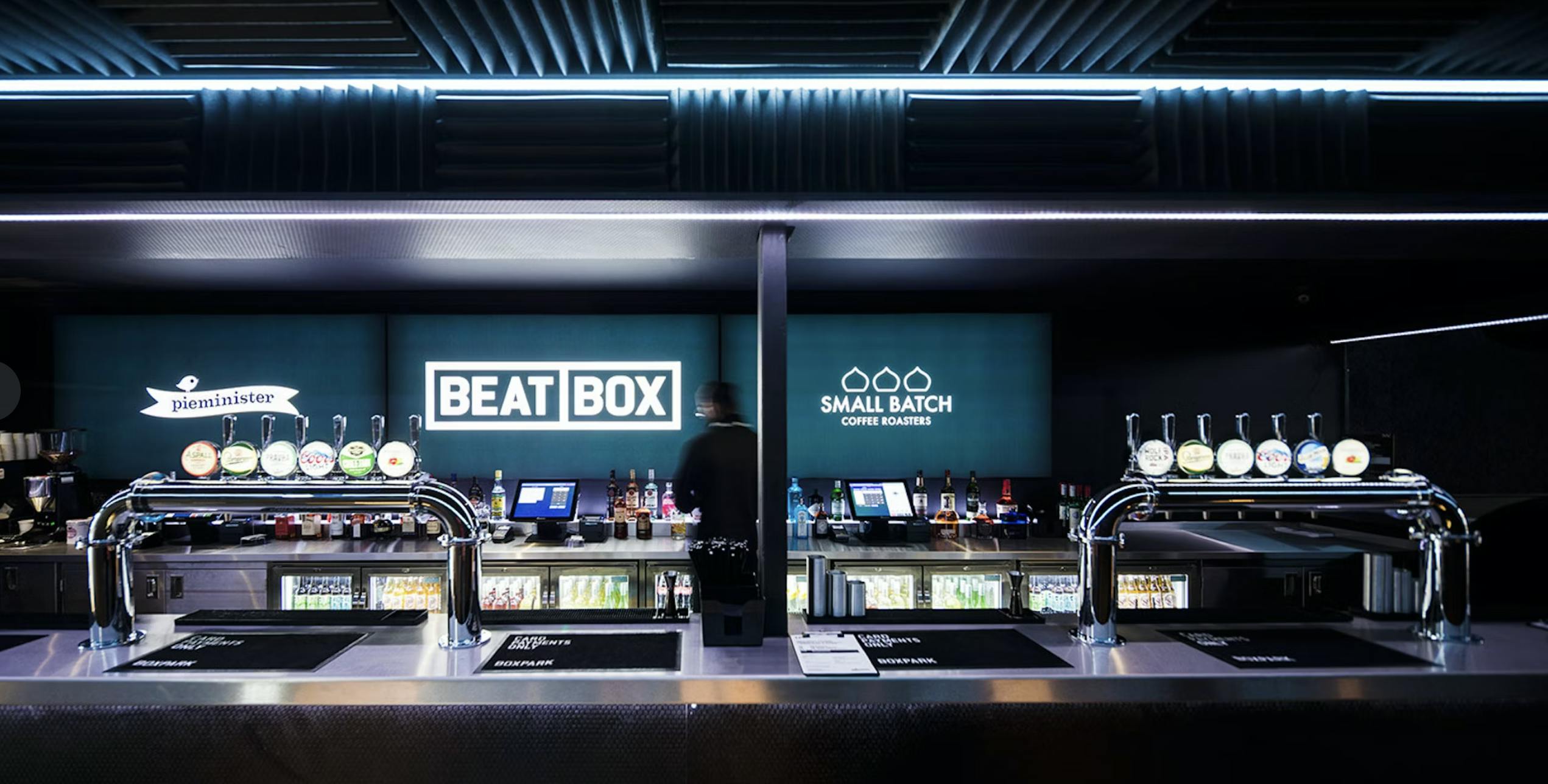 Modern bar at BeatBox, Boxpark Shoreditch, ideal for events and craft beverages.