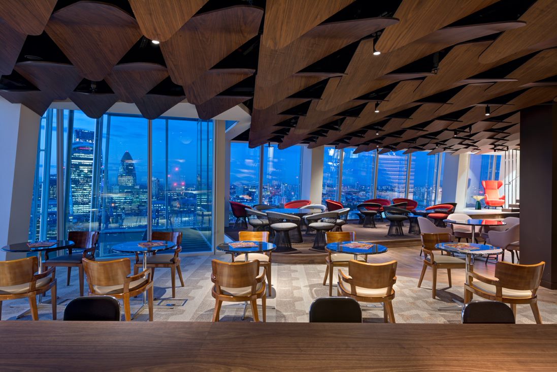 Lounge at The Shard featuring skyline views, perfect for corporate networking and evening events.