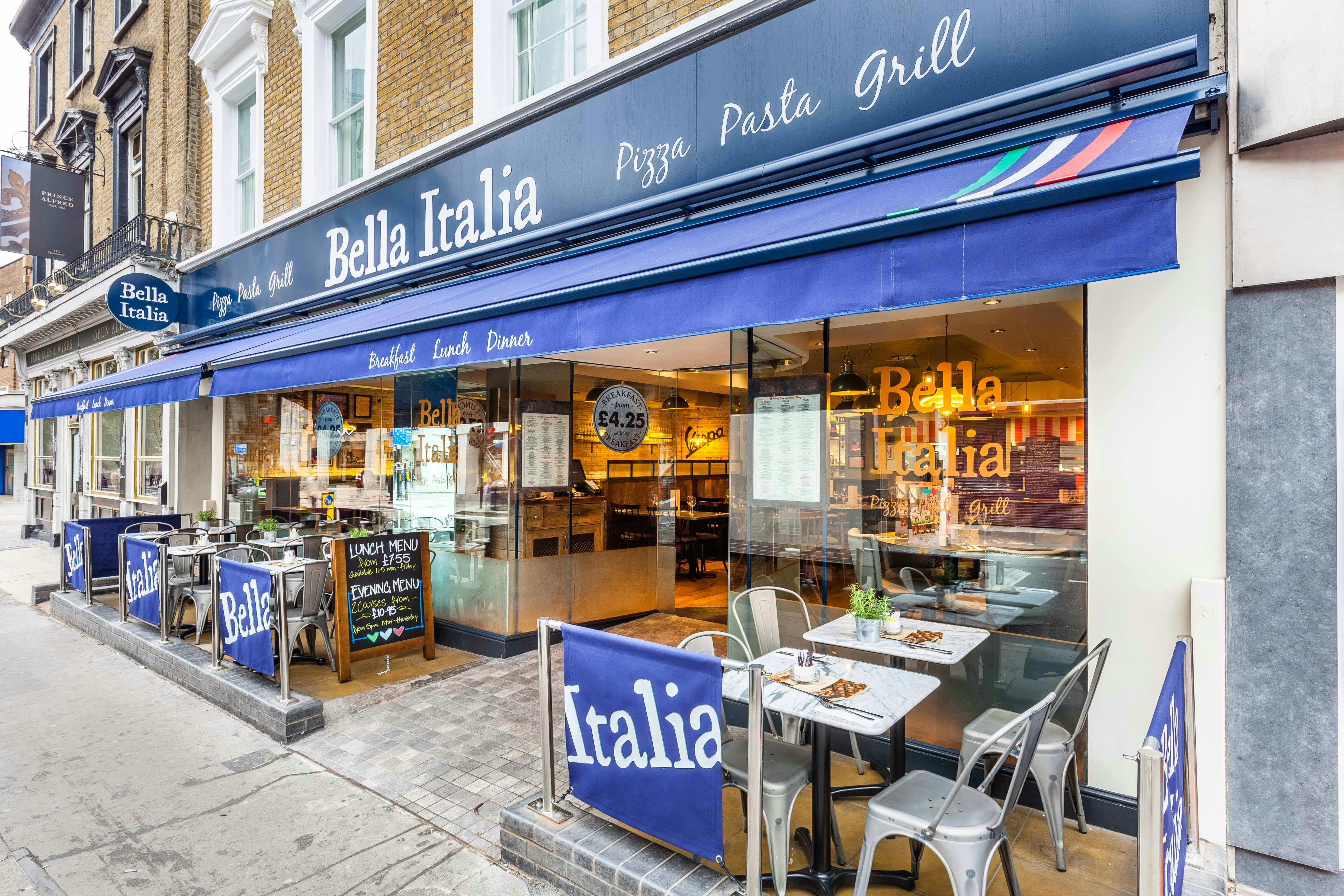Vibrant Bella Italia venue exterior with outdoor seating for casual events and dining.
