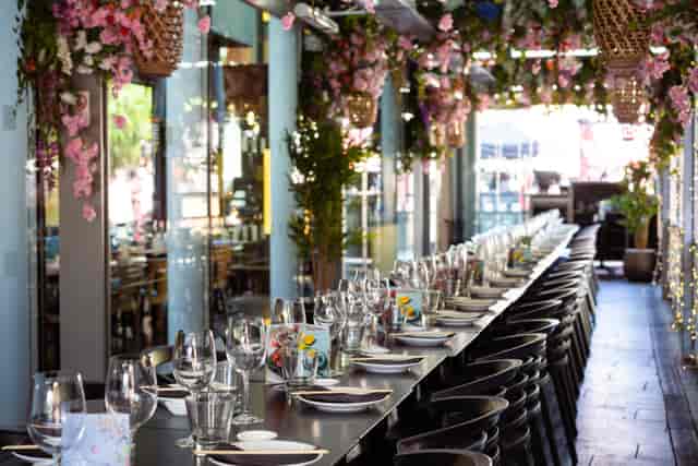 Cherry Blossom Private Terrace dining setup with floral decor for events and celebrations.