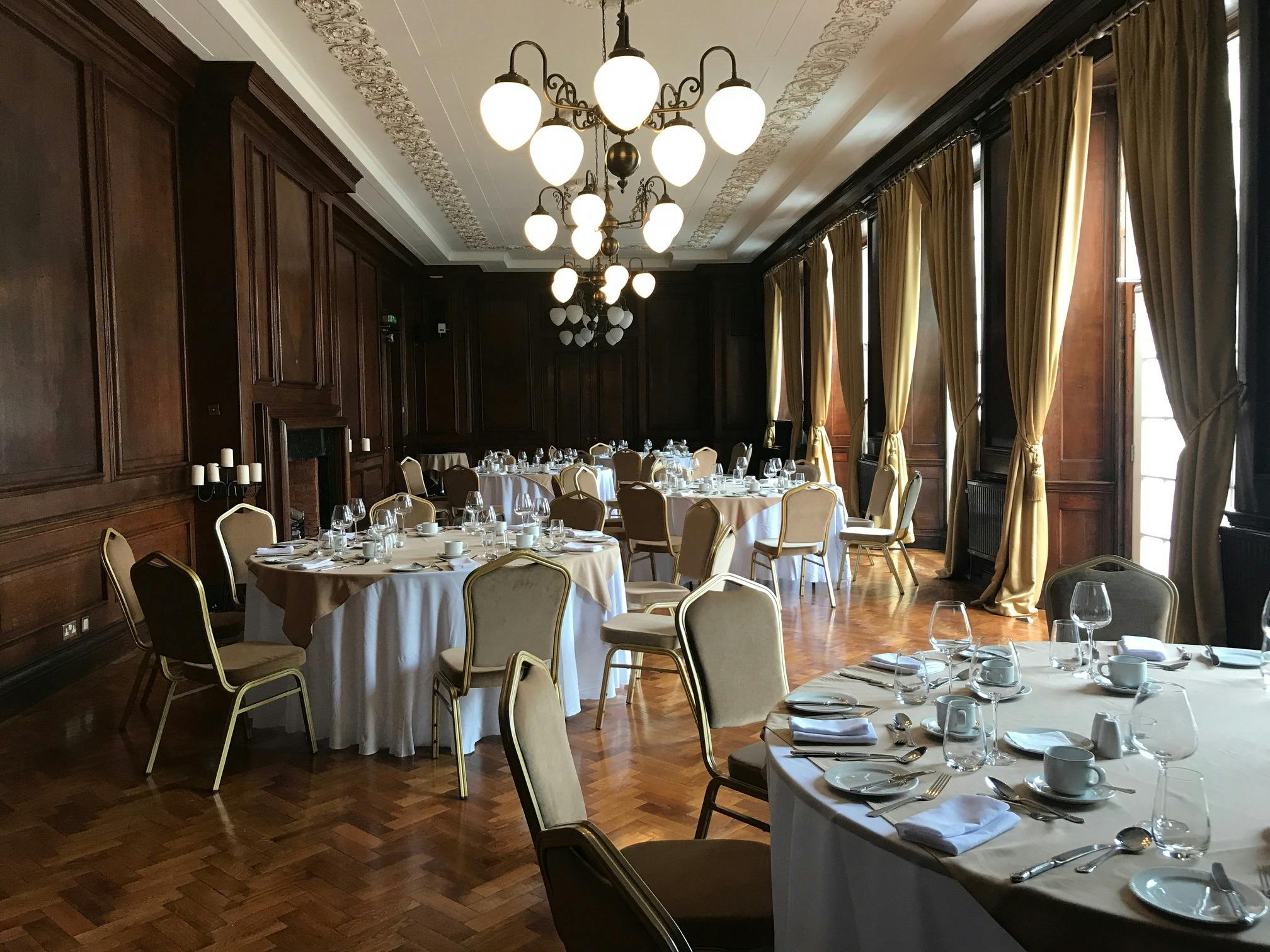 Elegant banquet room in Manchester Hall, perfect for weddings and corporate events.