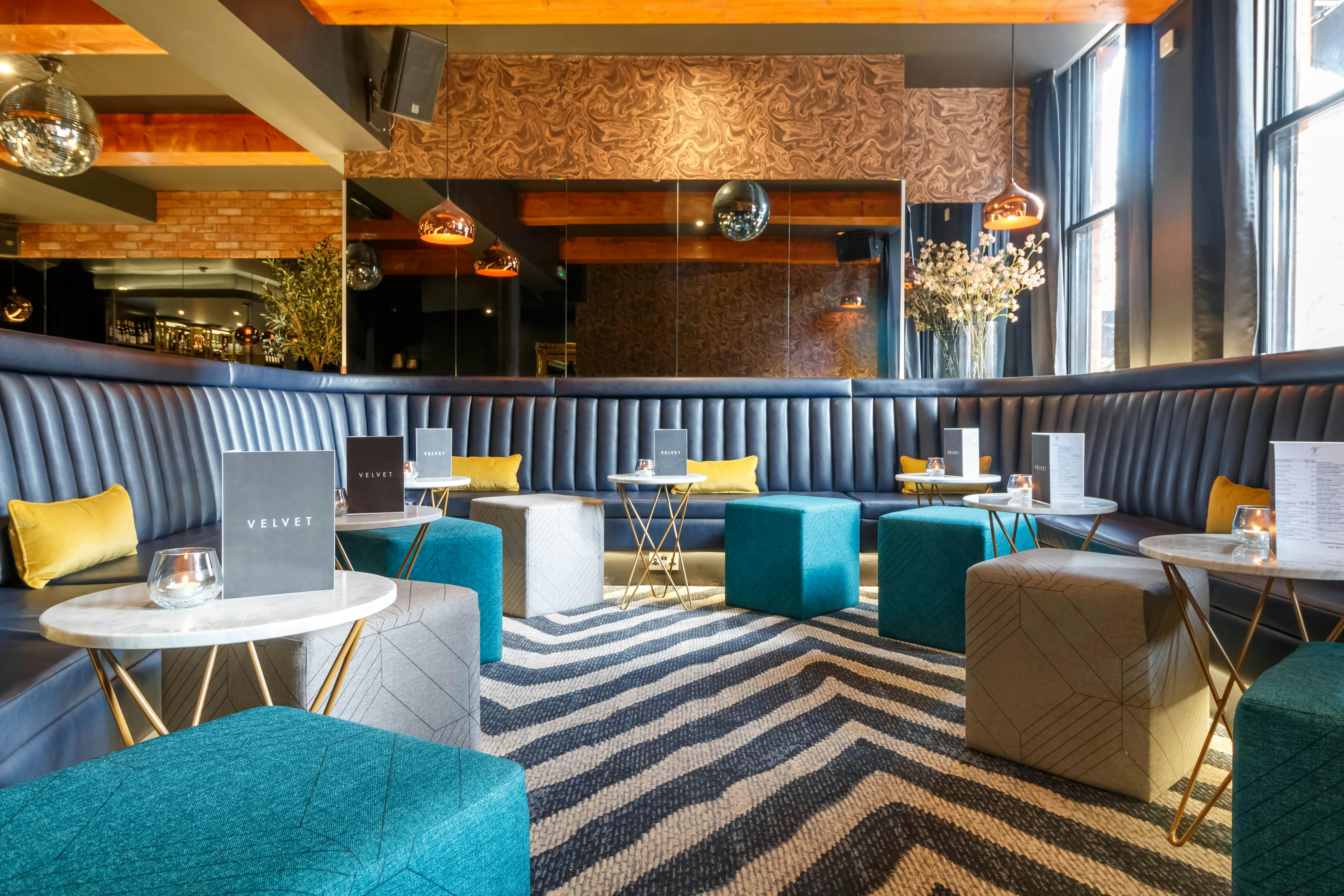 Stylish lounge at Velvet Bar, perfect for networking events and informal meetings.