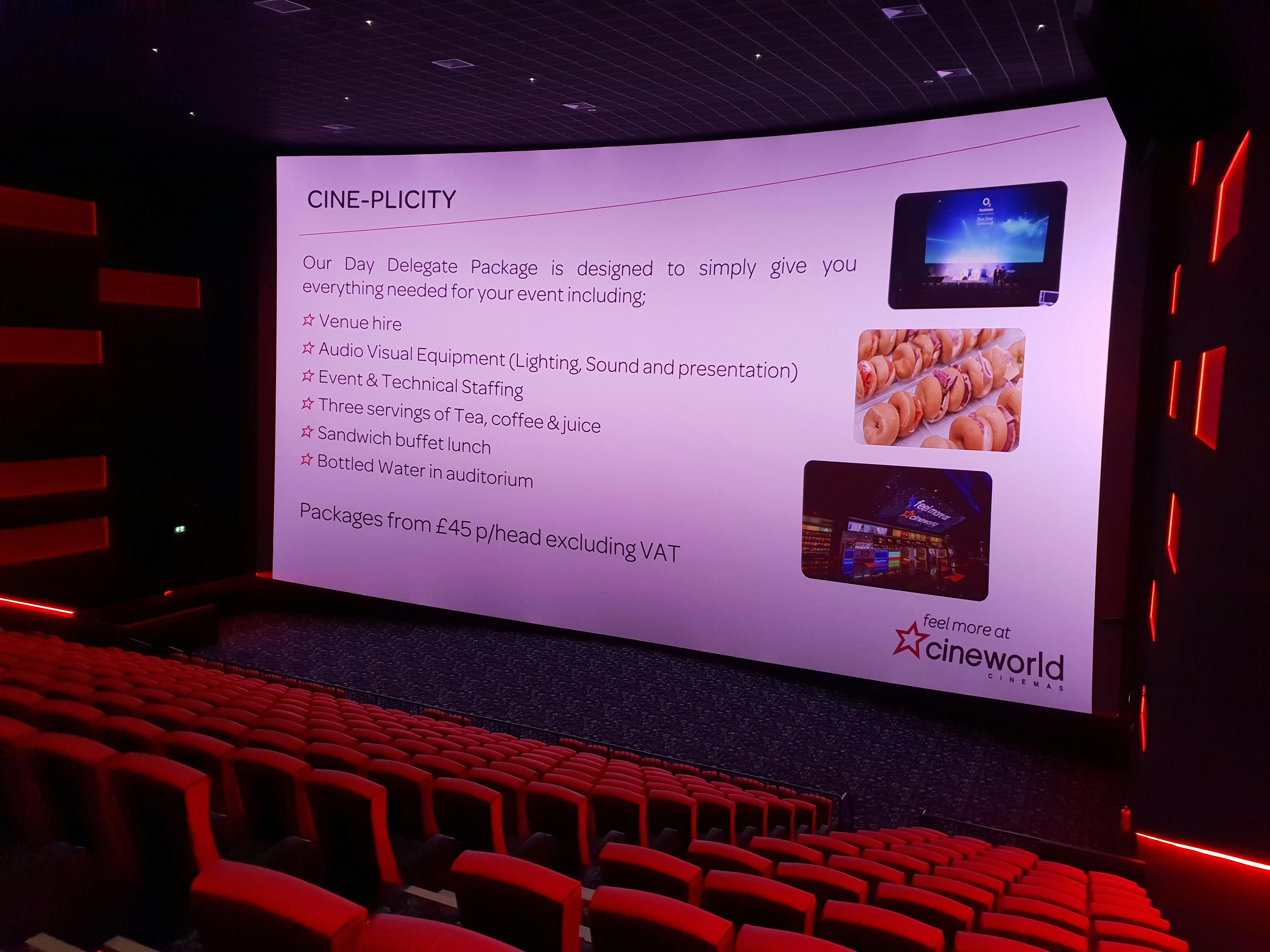 IMAX screen at Cineworld Watford for corporate events with modern seating and AV options.