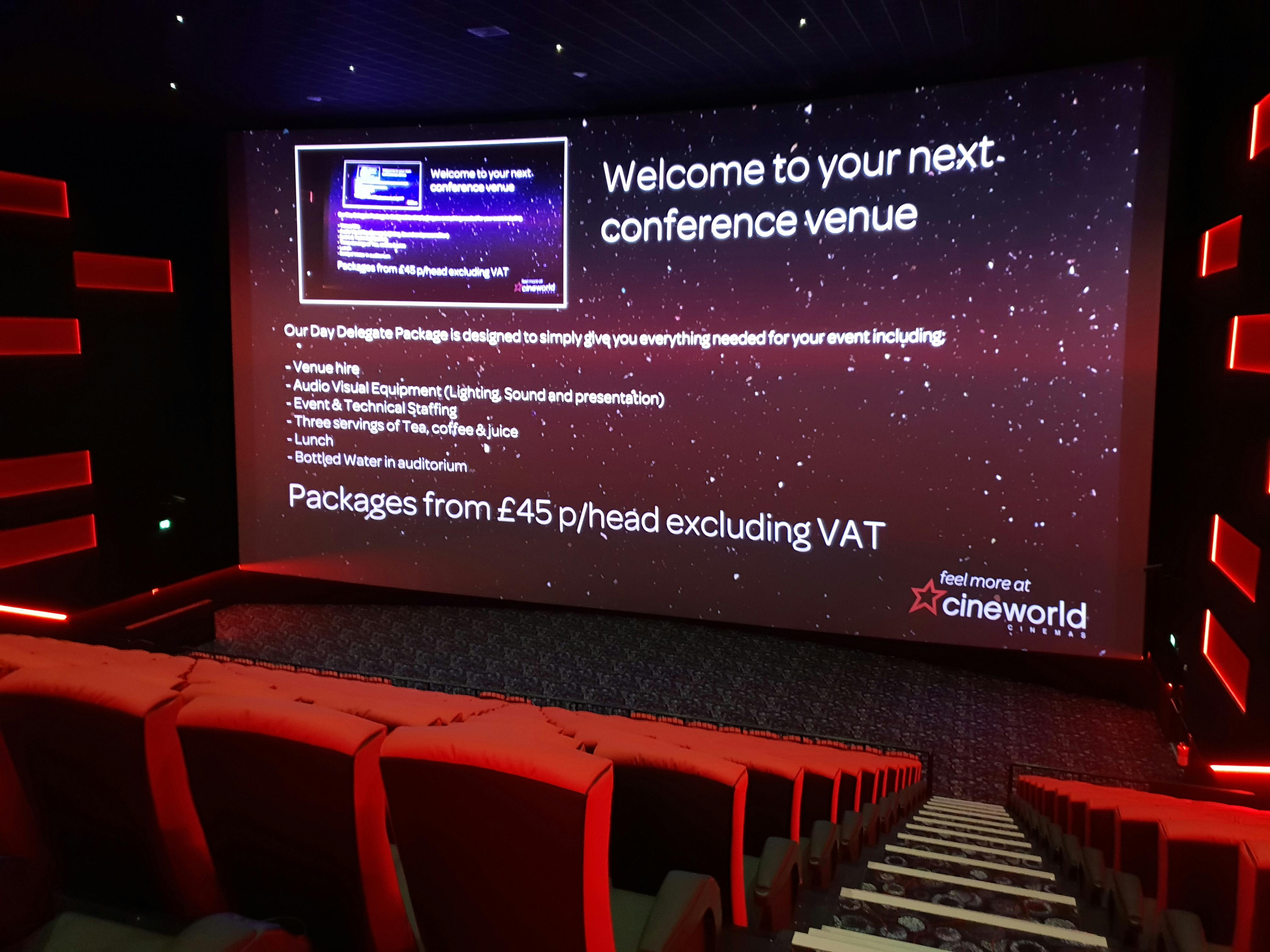 IMAX screen 1 at Cineworld Watford, ideal for corporate events and presentations.