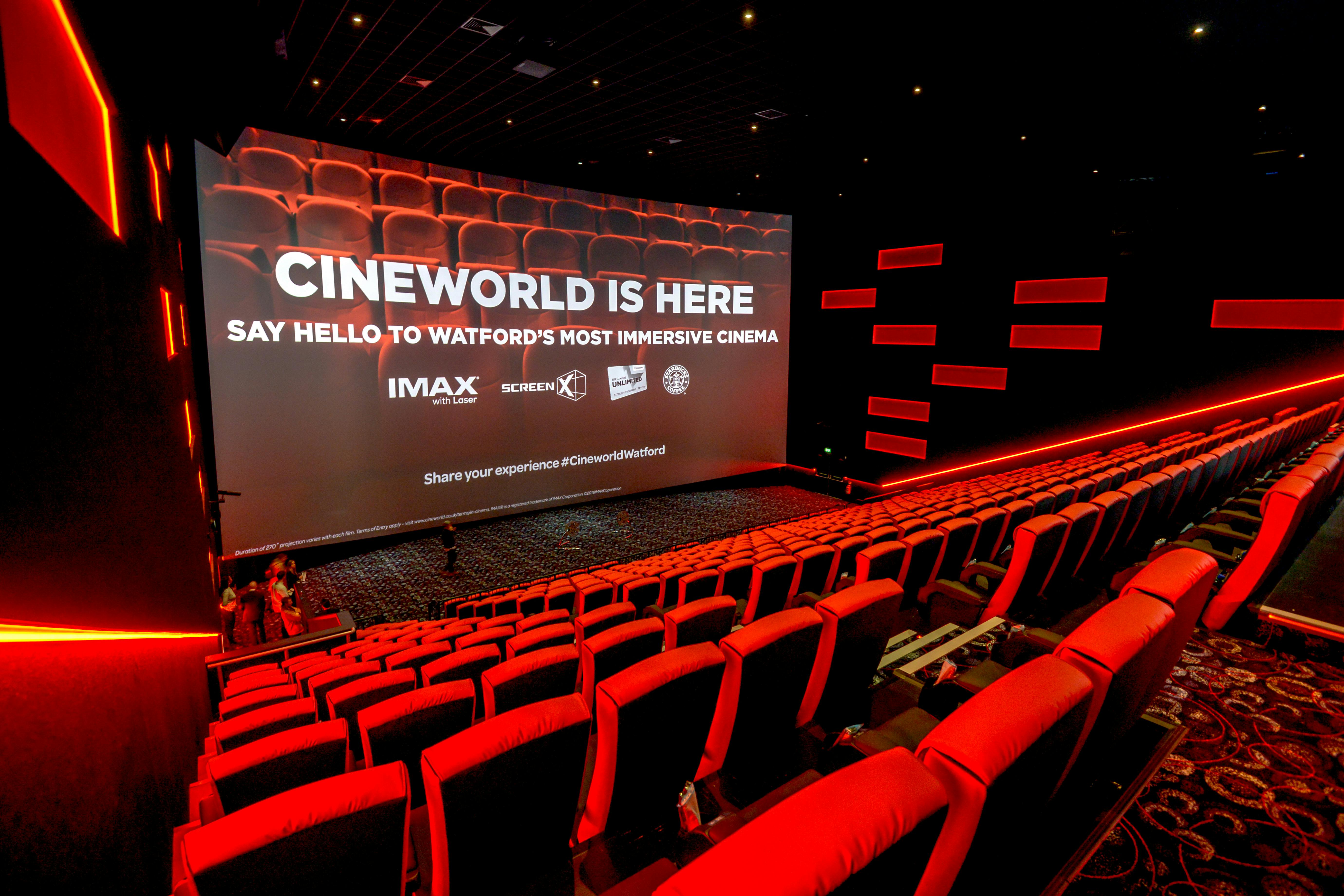 IMAX screen 1 at Cineworld Watford with plush red seating for events and screenings.