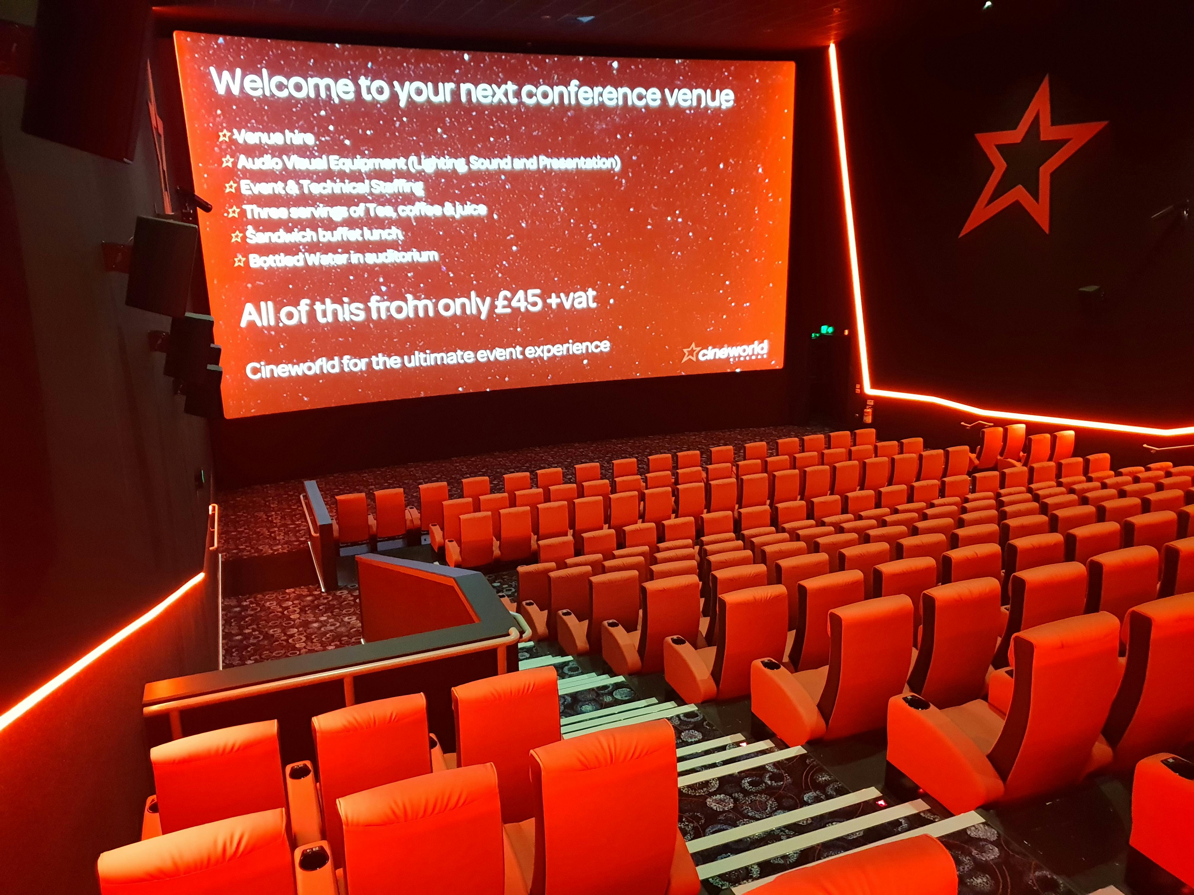 Modern conference venue in Cineworld Watford with vibrant seating for events.