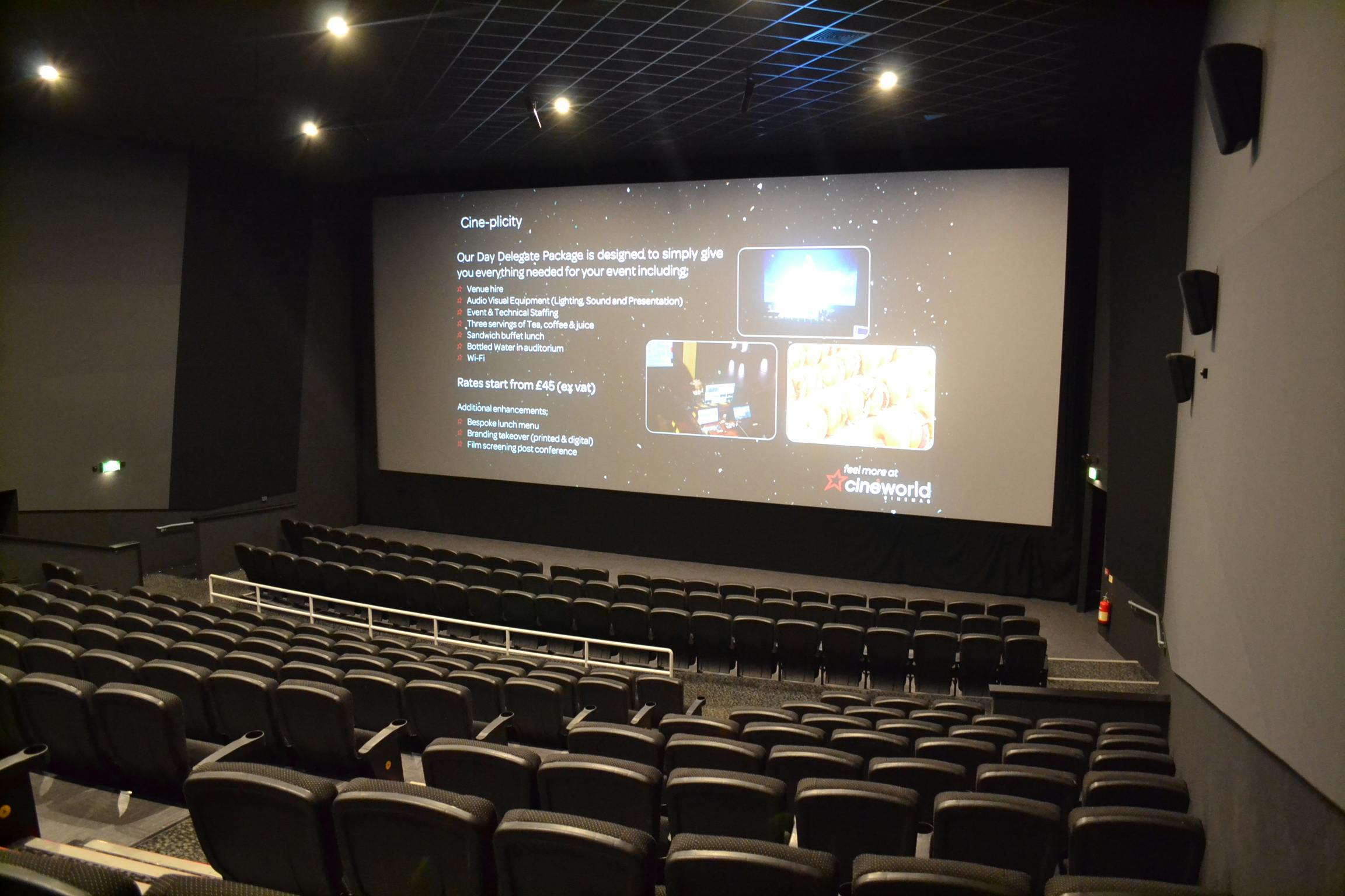 Modern cinema auditorium with large screen for corporate events at Cineworld Wembley.