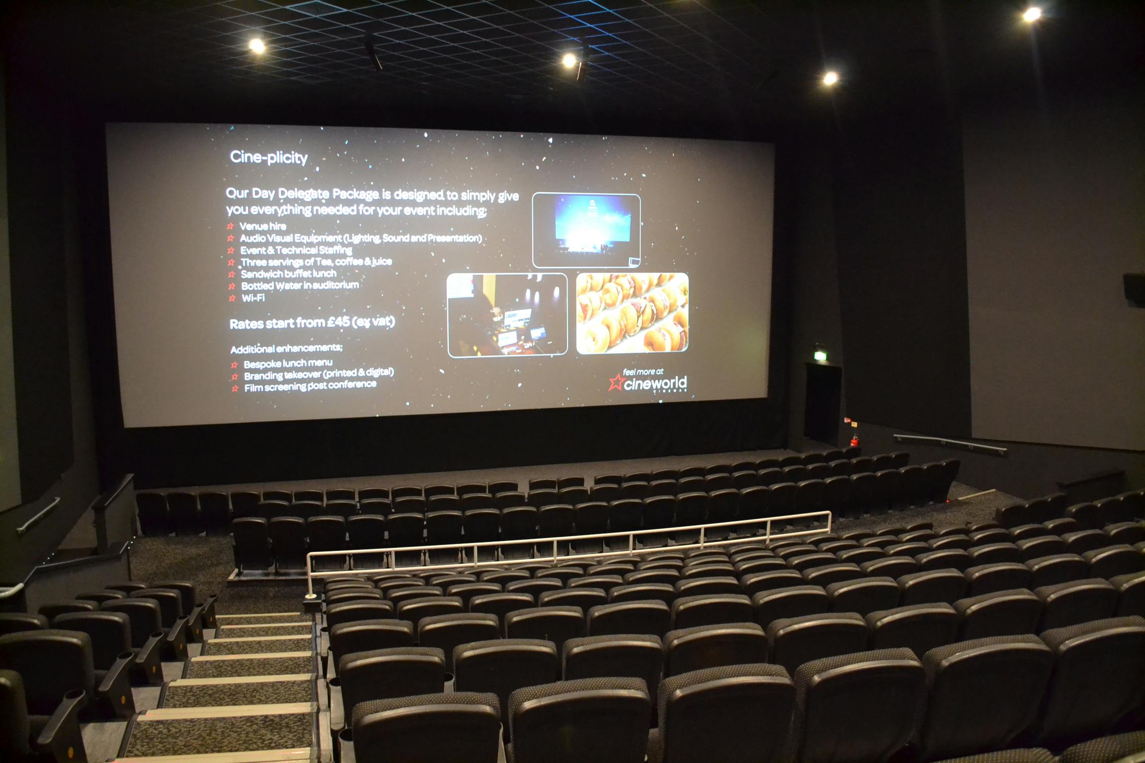 Modern Cineworld Wembley Screen 9 with tiered seating for corporate events and screenings.