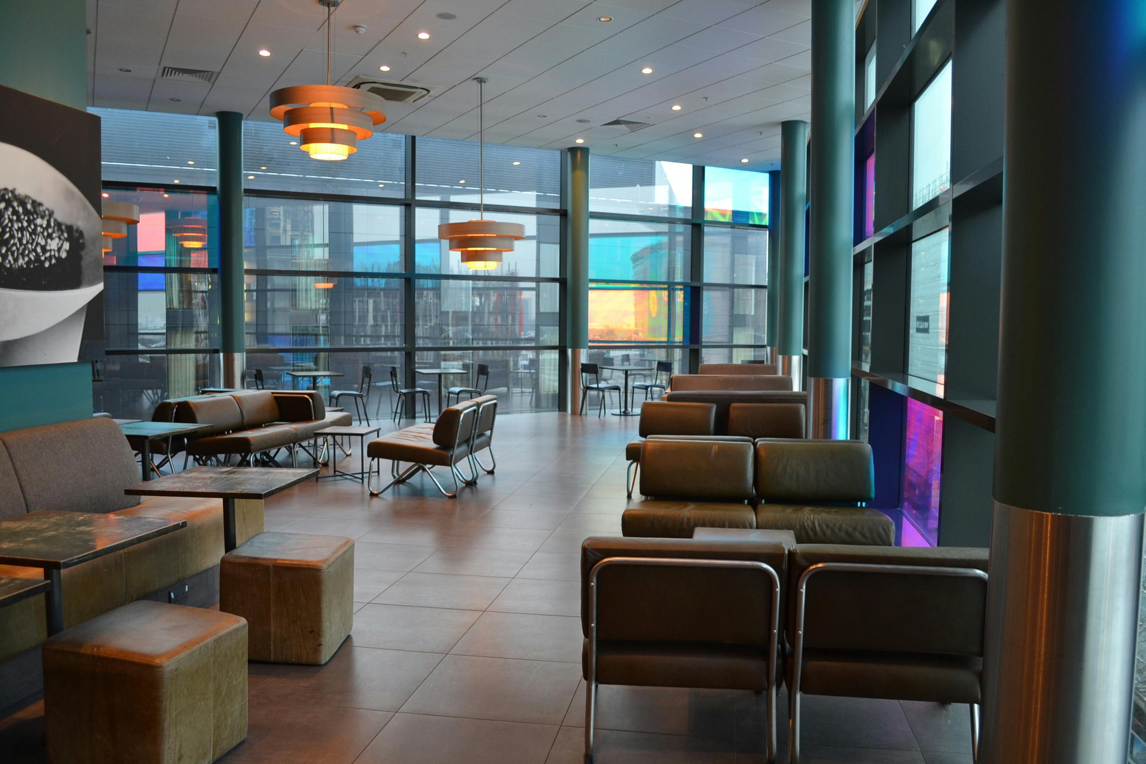 Modern reception space at Cineworld Wembley with large windows for events and networking.