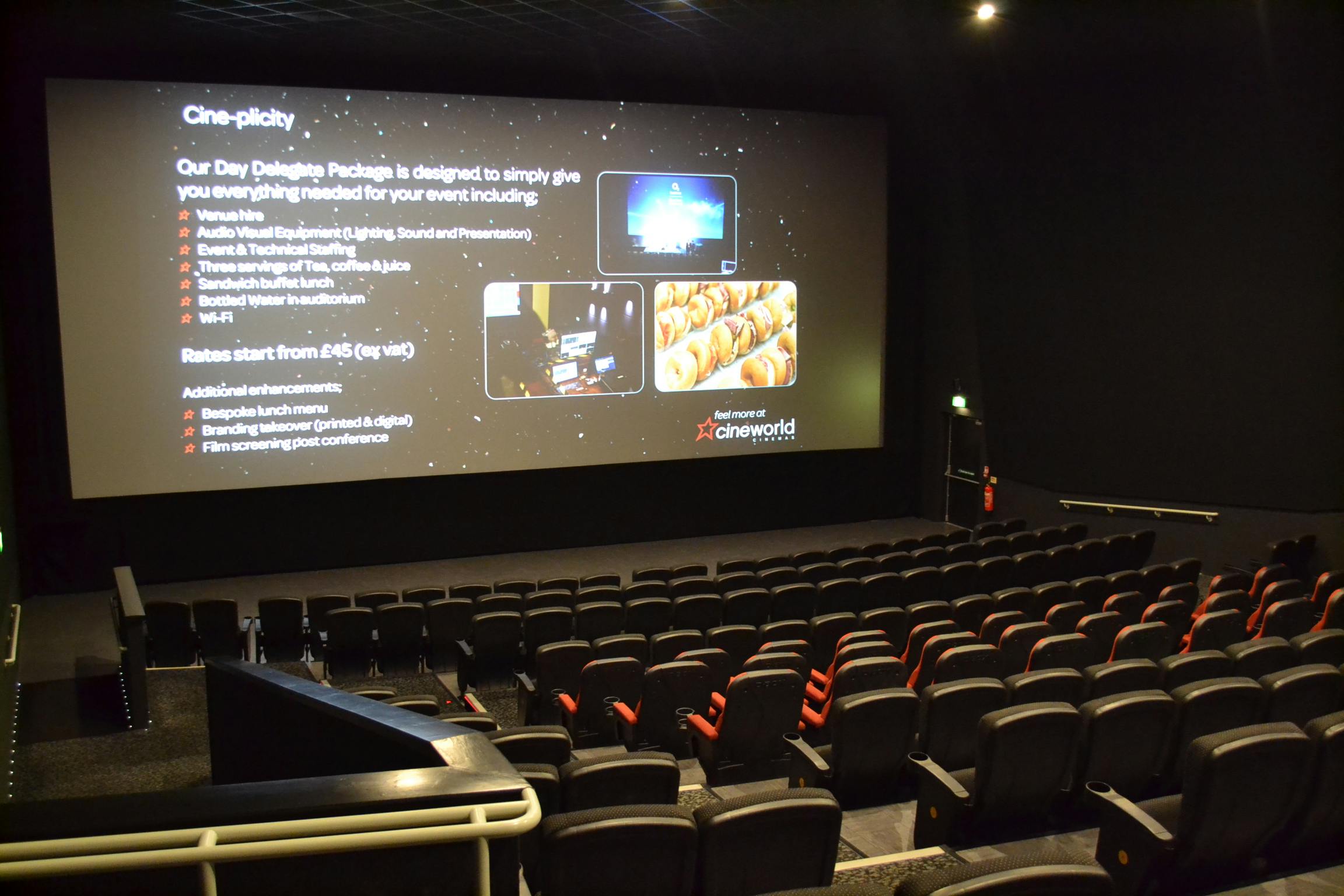 Modern Cineworld Wembley Screen 7 with comfortable seating for corporate events and screenings.