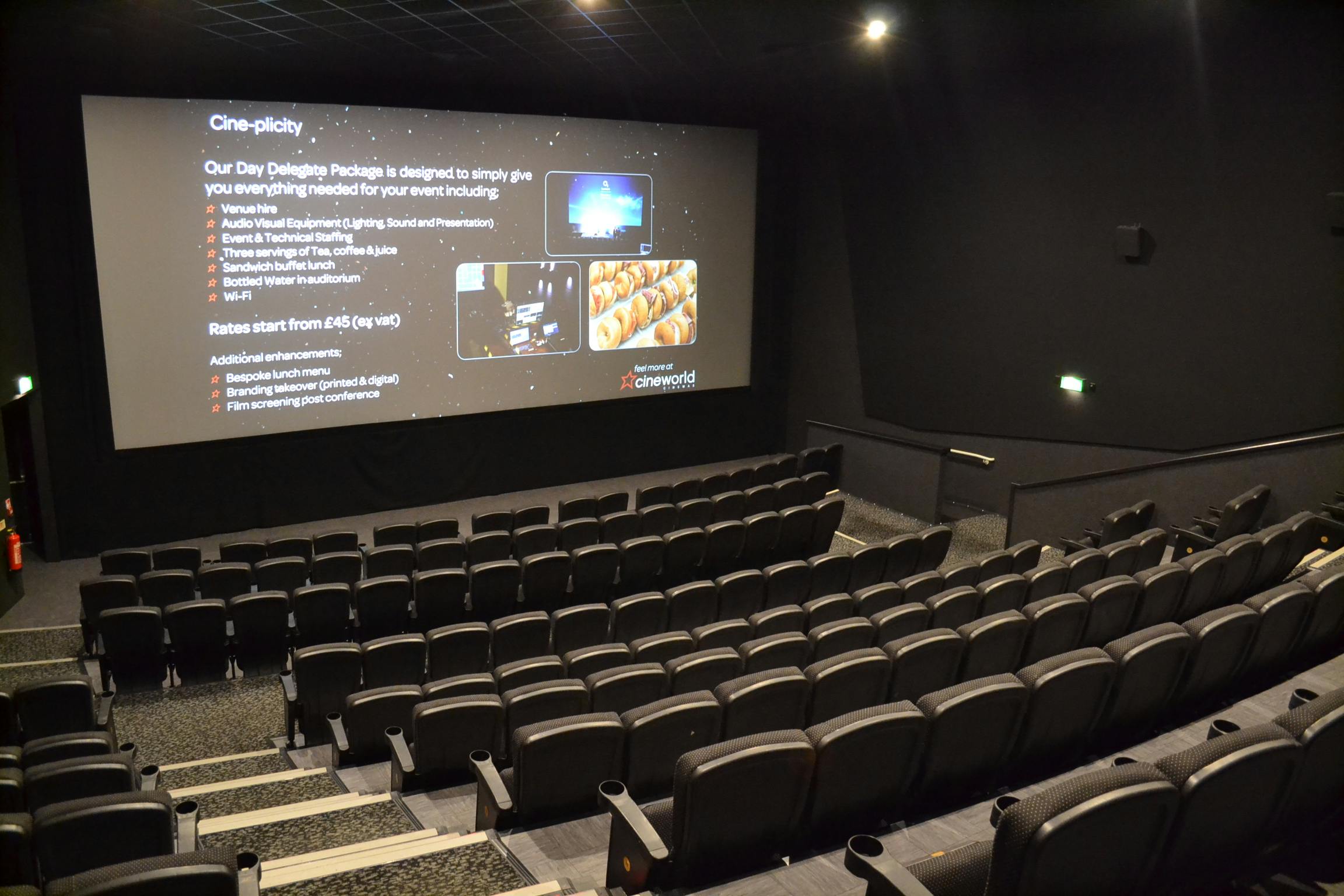 Modern Cineworld Wembley Screen 5 with tiered seating for events and screenings.