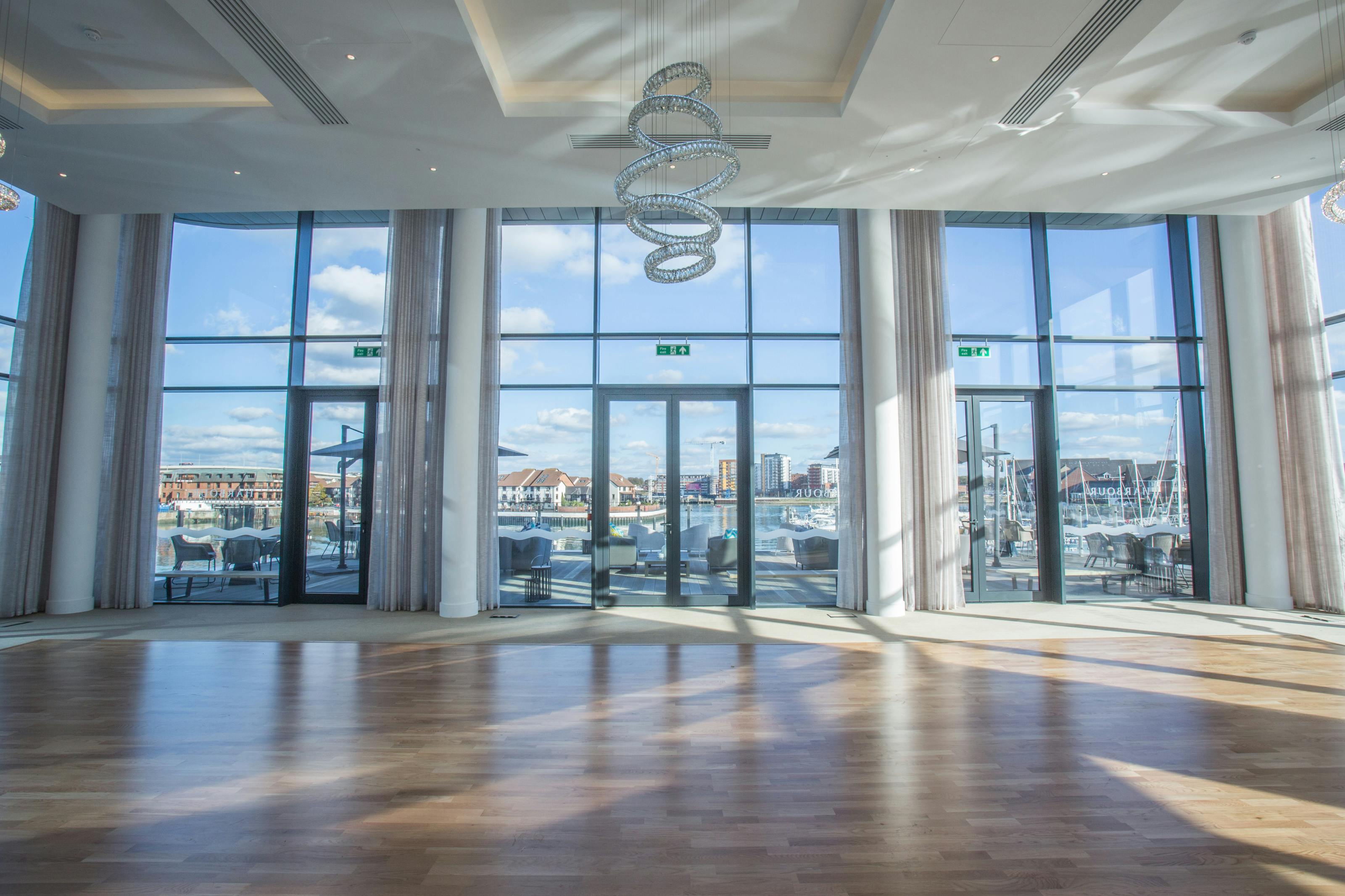 Spacious event venue at The Bow, Southampton with marina views and natural light.