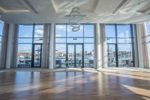 Spacious event venue at The Bow, Southampton with marina views and natural light.