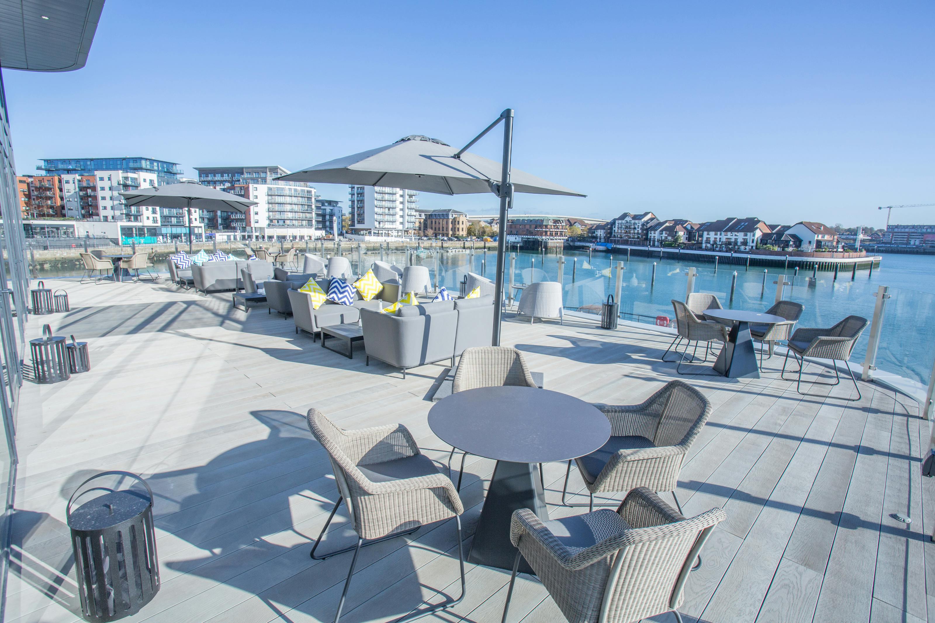 Stylish outdoor event space at The Bow, Southampton with waterfront view for networking events.