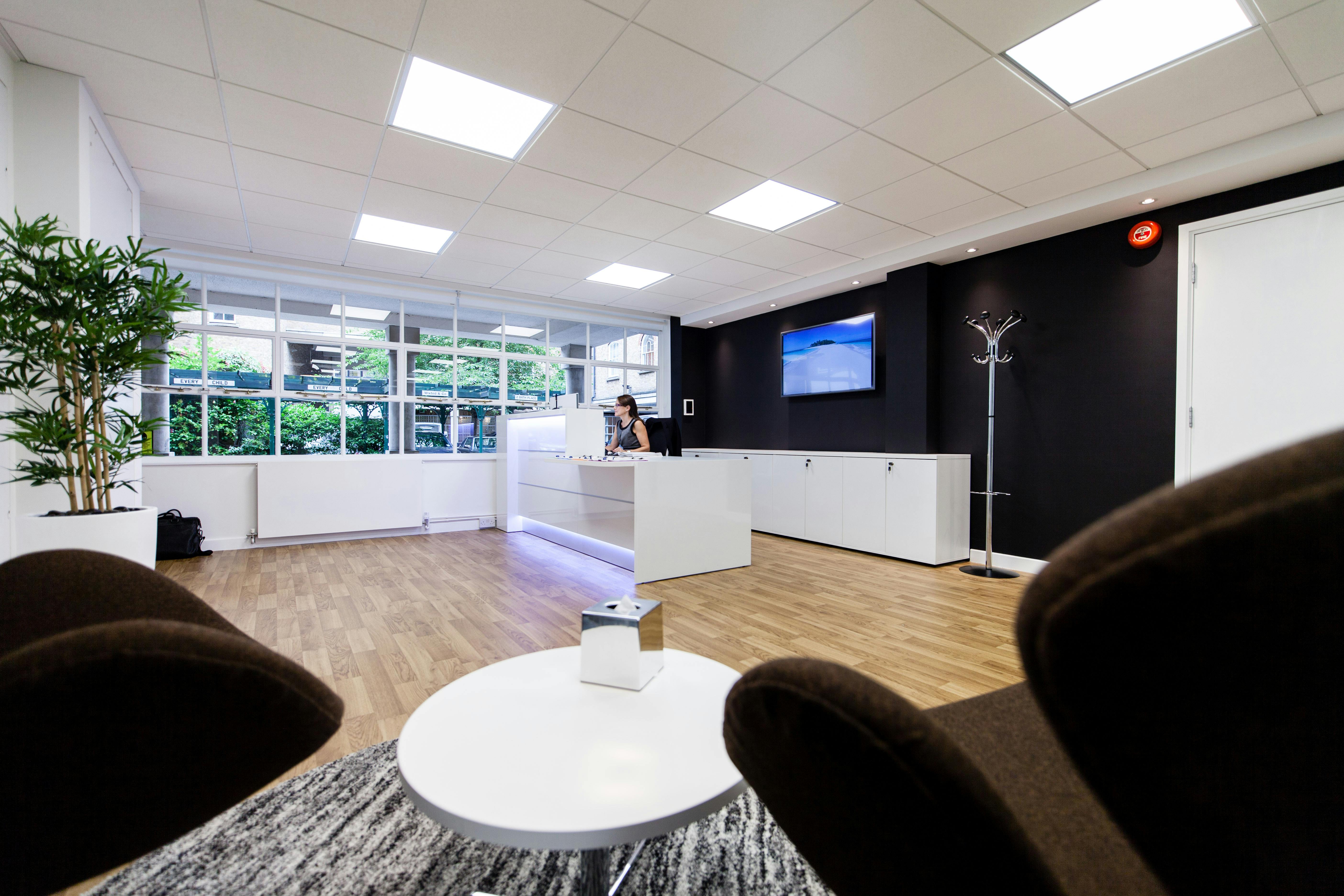 Modern reception area in Room 1, Bath Place; ideal for meetings and networking events.