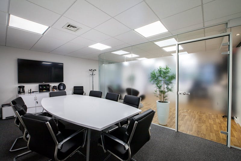 Modern conference room with oval table for meetings in Bath Place, Rivington Street.