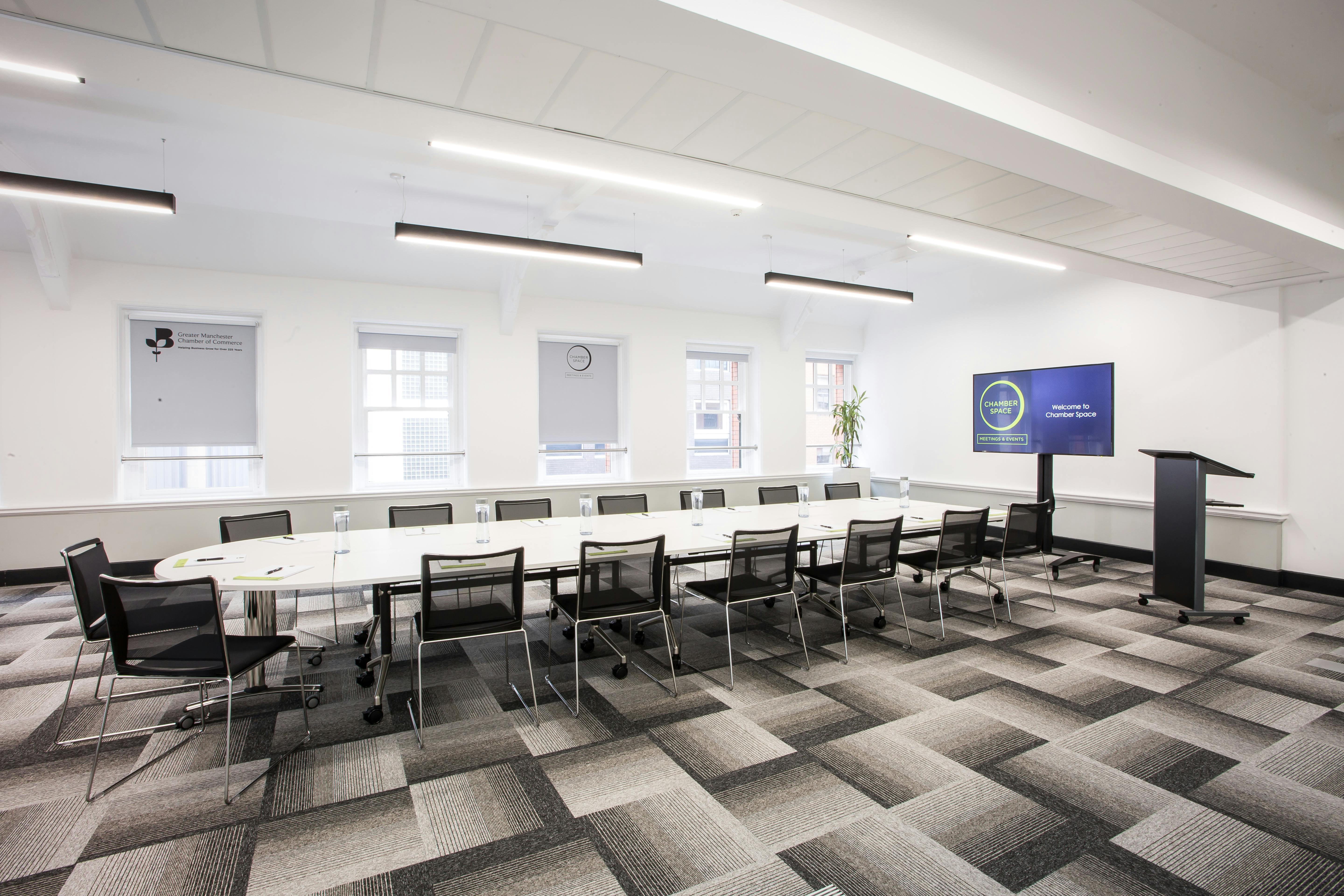 Modern meeting room with long table, ideal for corporate workshops and strategy sessions.