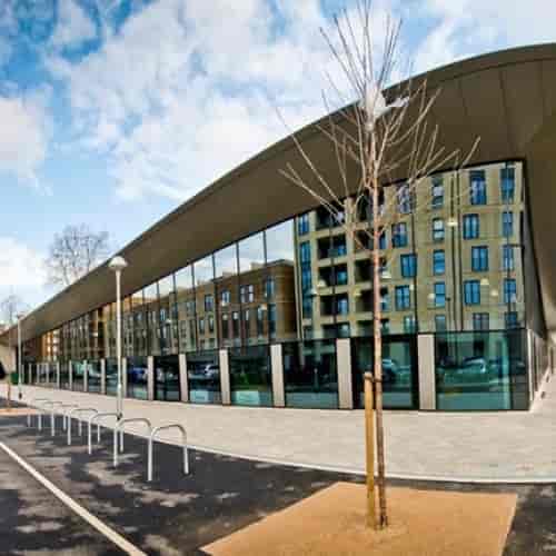 Modern Myatts Field North Centre Hall with glass façade, perfect for corporate events and gatherings.