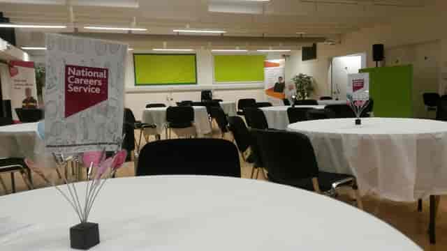 Main Hall at Myatts Field North Centre, bright event space for networking and workshops.