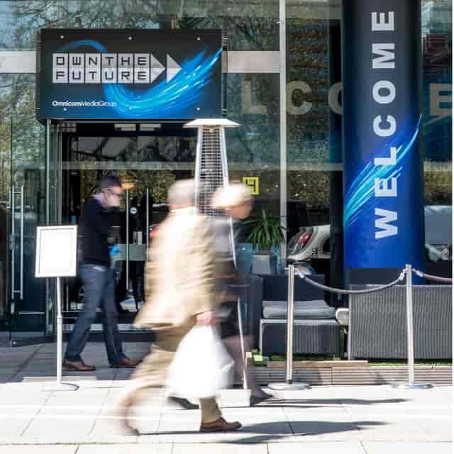 Millbank Media Centre entrance with a welcoming sign for corporate events in London.