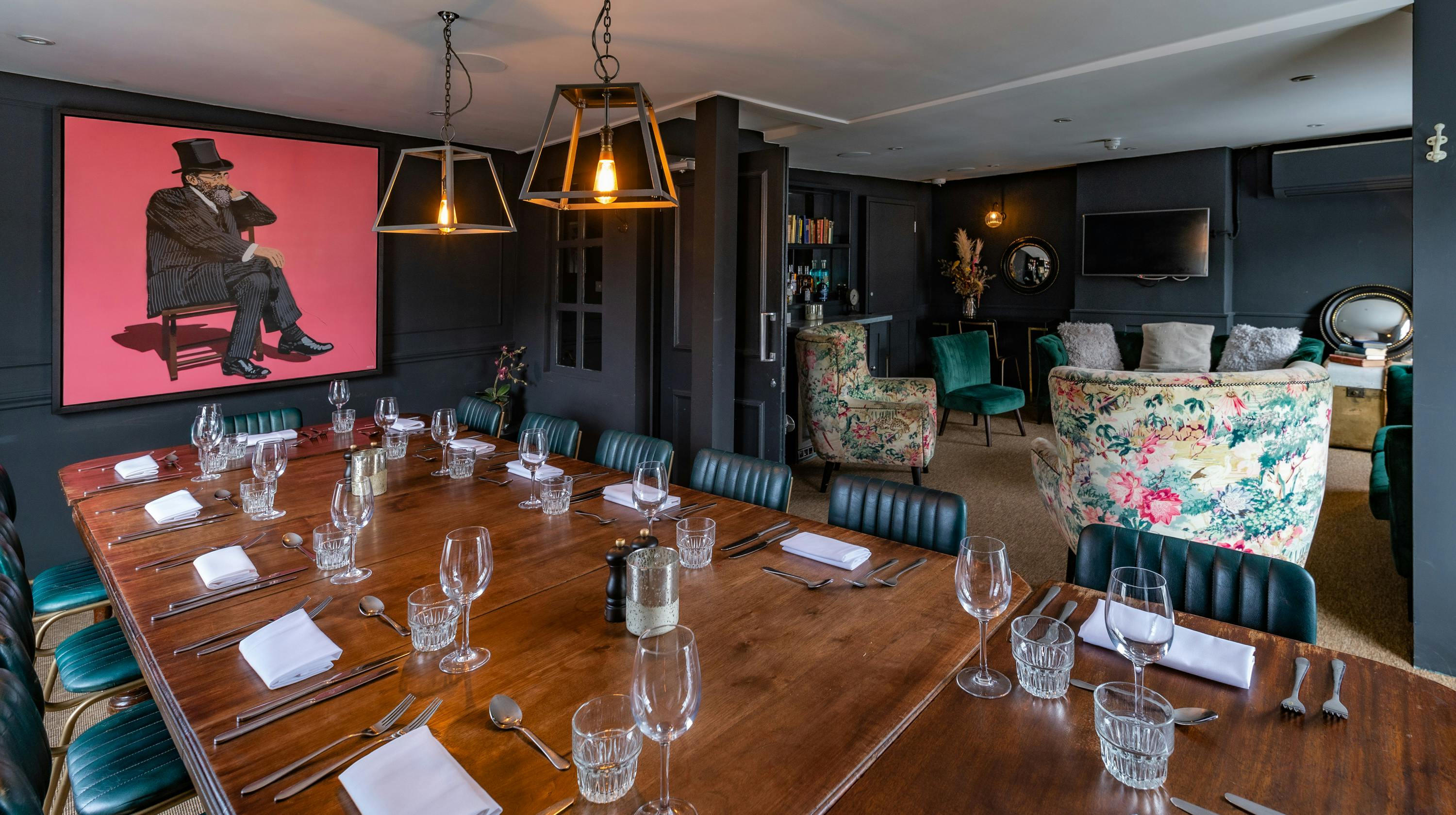 Private dining room at The Phene with elegant decor for corporate events and networking.