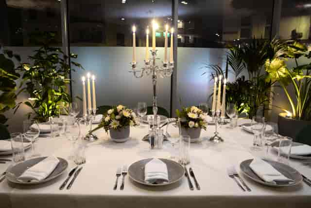 Elegant dining table at Whitechapel Think Factory for formal dinners and corporate events.