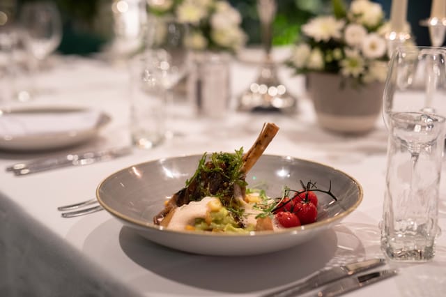 Elegant plated dish at Whitechapel Think Factory, Holiday Inn London, for events and catering.