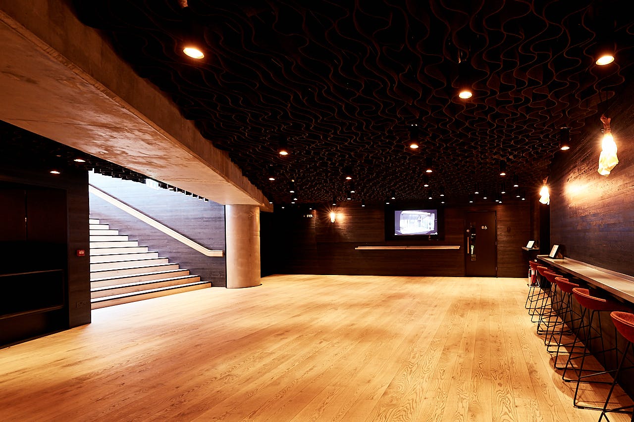 Modern event space in Bridge Theatre's Lower Foyer with sleek design for receptions.