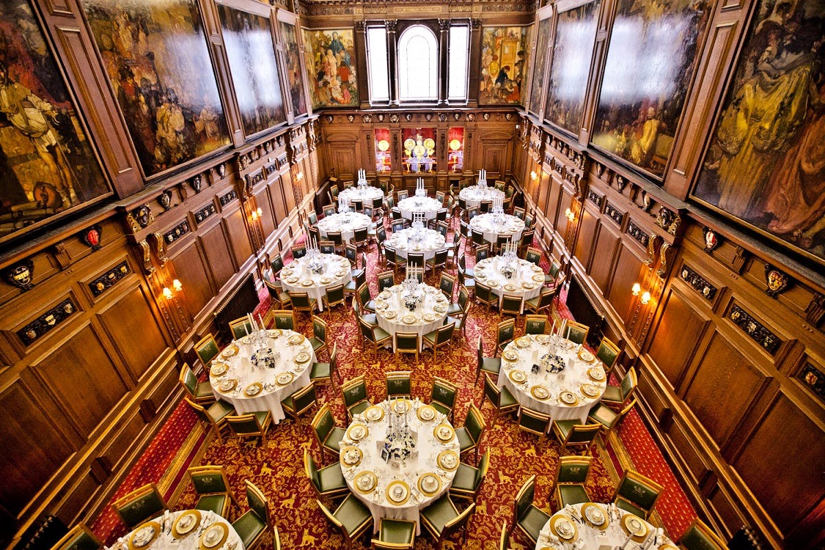 Elegant banquet hall in Skinners' Hall, ideal for gala dinners and networking events.