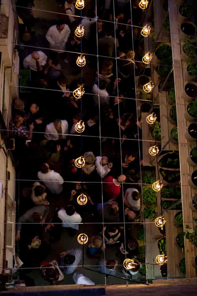 Vibrant outdoor gathering at The Future Laboratory with lush greenery and hanging bulbs.