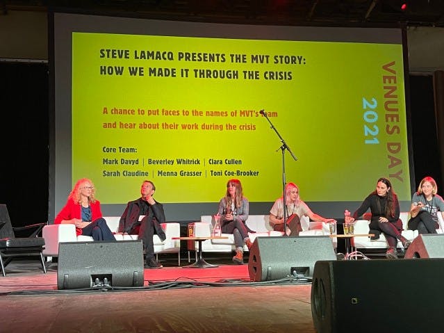 Panel discussion on resilience at EartH events industry conference, featuring six professionals.