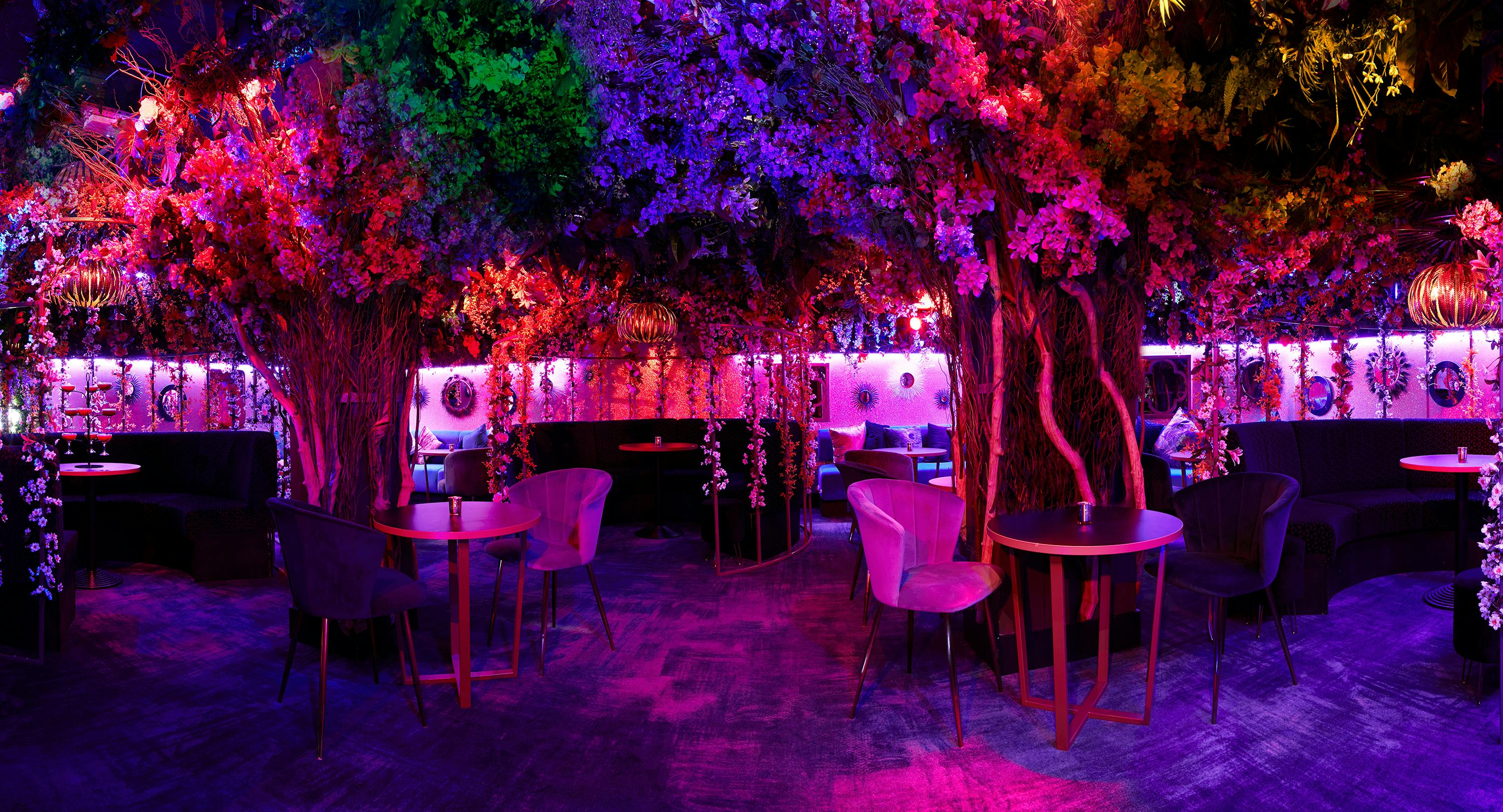 Vibrant Le Jardin event space in Le Fez with lush decor for themed gatherings and receptions.