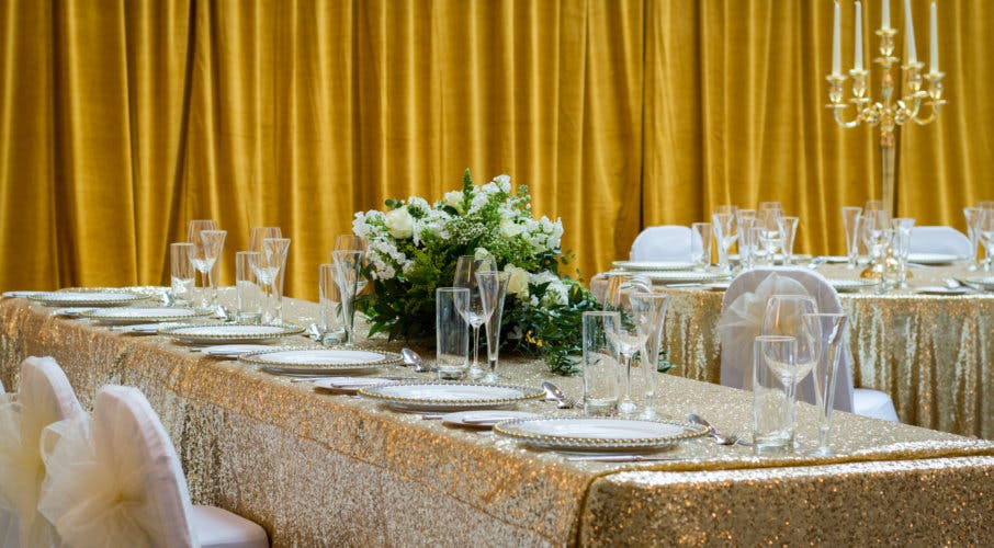 Elegant banquet table in Sansovino Hall, Bristol Harbour Hotel for weddings and upscale events.