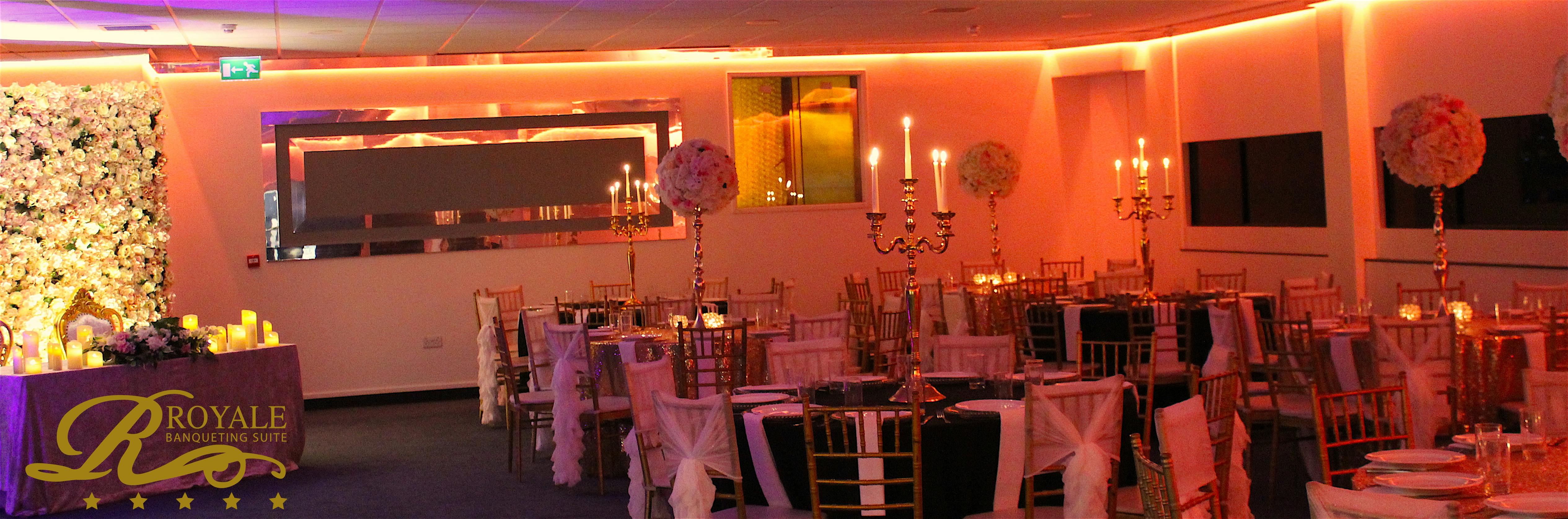 Elegant Silver Suite with round tables, candelabras for formal events and celebrations.