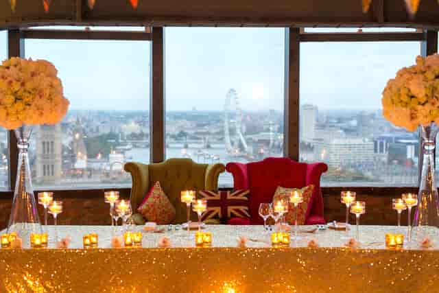 Luxurious event setup with skyline view, perfect for weddings or corporate gatherings.