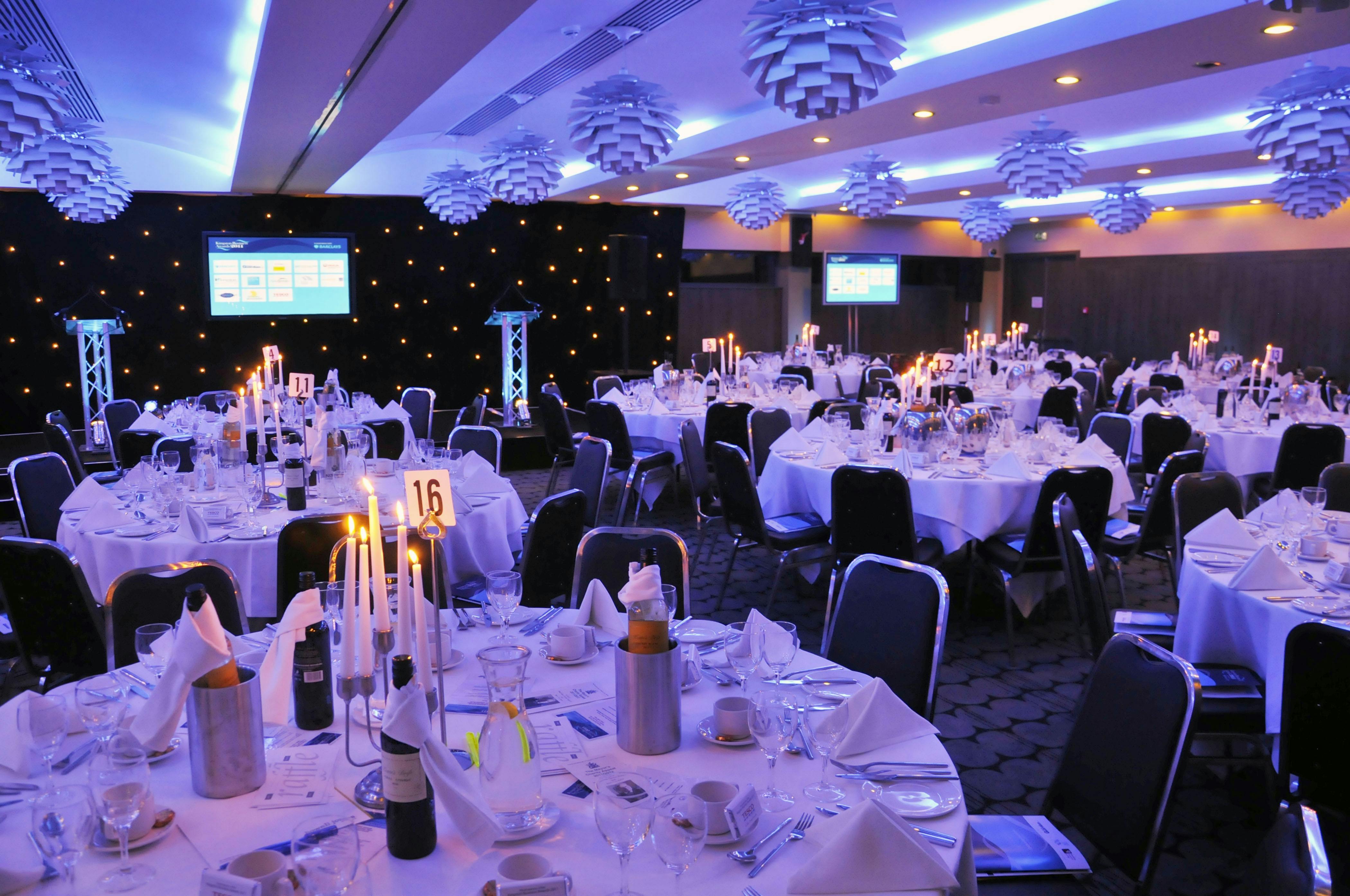 Elegant banquet hall in Kingston Suite, Crowne Plaza London for formal events and galas.